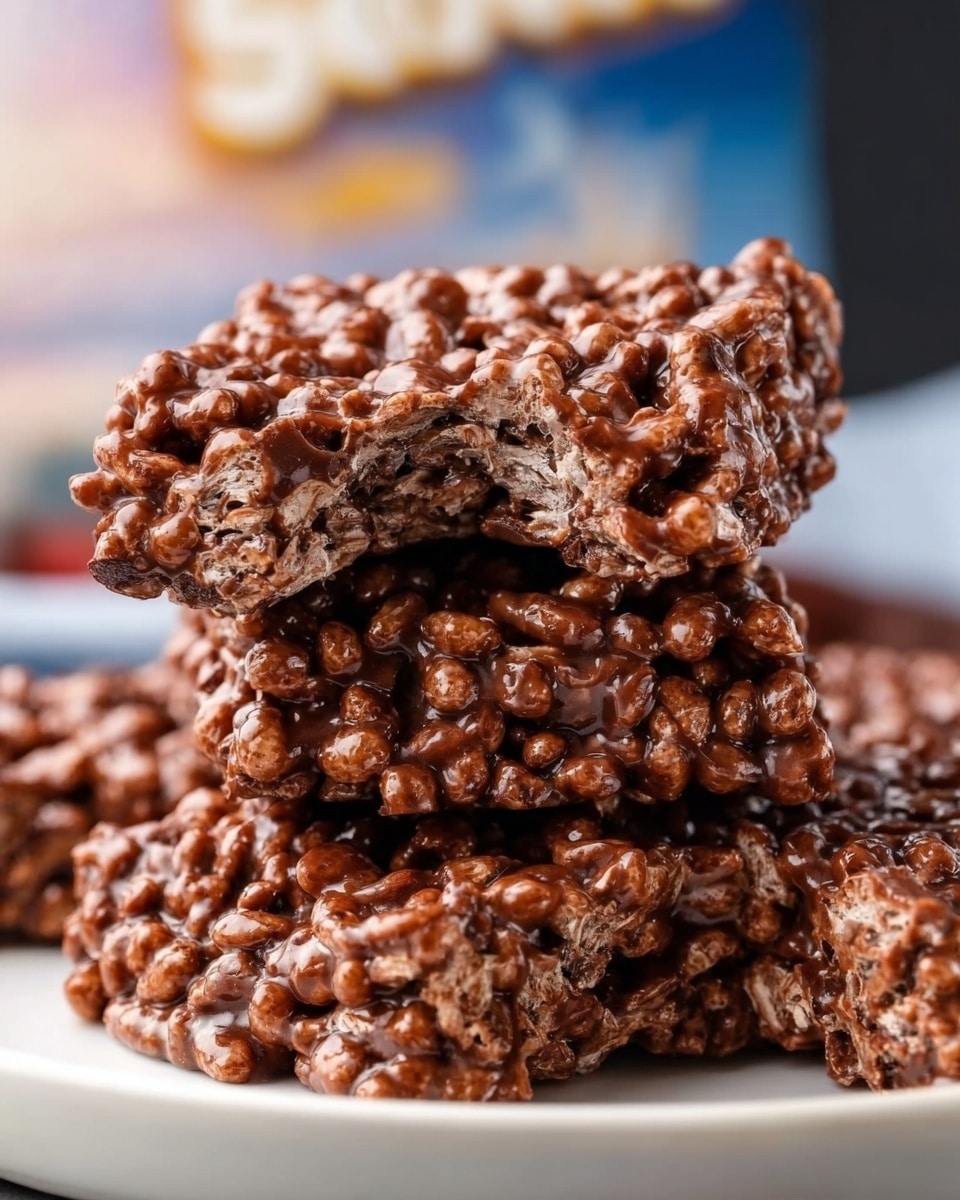 The image shows a pile of three crunchy chocolate rice treats stacked on a white plate with a white marbled surface underneath. The bottom layer is a thick, sticky chocolate base mixed with puffed rice, dark brown and glossy. The middle layer is another thick cluster of the same glossy chocolate and puffed rice mixture, slightly textured with puffed grains visible. The top layer is similar, showing a bite taken out of the treat, revealing the airy puffed rice inside coated in chocolate. The chocolate looks smooth and shiny, with the puffed rice pieces creating a bumpy surface. In the background, there is a blurred image with soft colors. Photo taken with an iphone --ar 4:5 --v 7