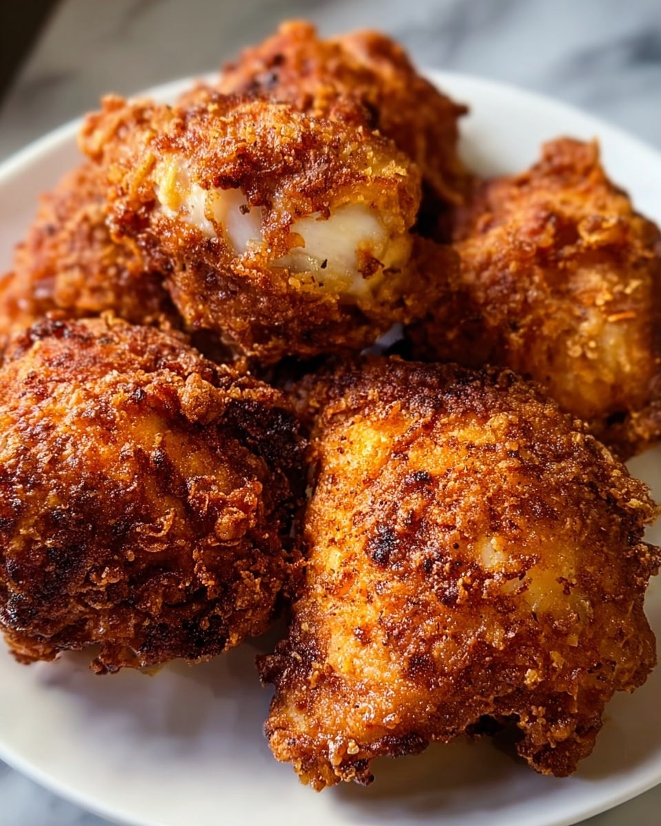 The image shows a close-up of five pieces of fried chicken arranged in a pile on a white plate. Each piece is golden brown with a crispy, textured crust that looks crunchy and well-fried, with some darker spots showing a slight char from cooking. The chicken pieces have an uneven surface with a mix of rough and crumbly textures, highlighting the fried coating. The background shows a white marbled texture, making the chicken the clear focus of the image. photo taken with an iphone --ar 4:5 --v 7