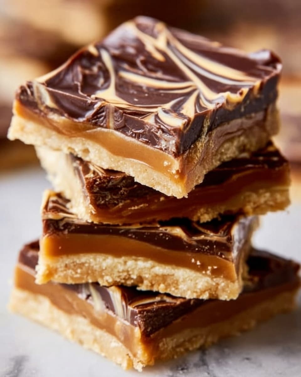 The image shows a stack of four dessert bars on a white marbled surface. Each bar has three visible layers: the bottom layer is light golden brown and crumbly, acting as a firm base; the middle layer is a smooth, caramel-colored filling; the top layer is glossy dark chocolate with light brown swirls drizzled across it, adding a textured look. The bars are cut into rectangular shapes, stacked unevenly to show the layers clearly. Photo taken with an iphone --ar 4:5 --v 7