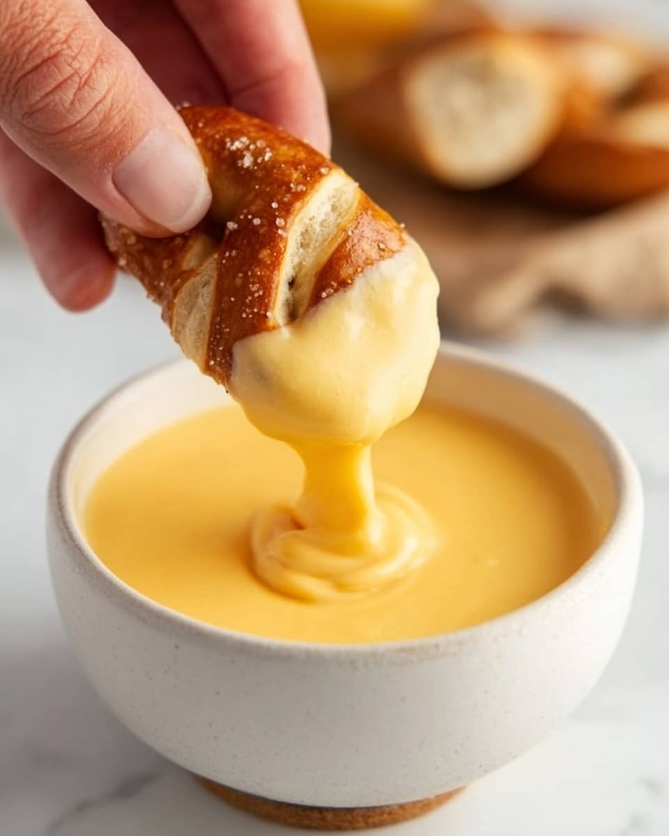 The image shows a close-up of a woman's hand dipping a small, light brown, slightly toasted pretzel into a smooth, creamy, pale yellow cheese sauce in a white bowl. The cheese sauce looks thick and shiny as it drips slowly from the pretzel back into the bowl. The background features a white marbled surface with a blurred wooden basket in the distance. Photo taken with an iphone --ar 4:5 --v 7