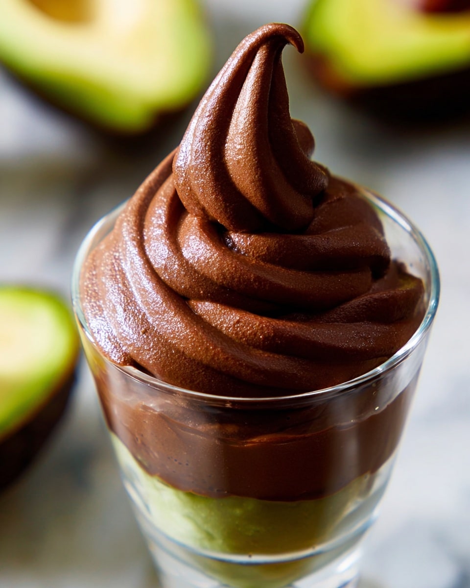 The image shows a clear glass filled with two thick, creamy layers of dark brown chocolate mousse, swirled smoothly with a glossy texture. The top layer peaks into a pointed swirl that curves slightly at the tip. The background features blurred halves of a green avocado and highlights a shiny white marbled surface beneath the glass. photo taken with an iphone --ar 4:5 --v 7
