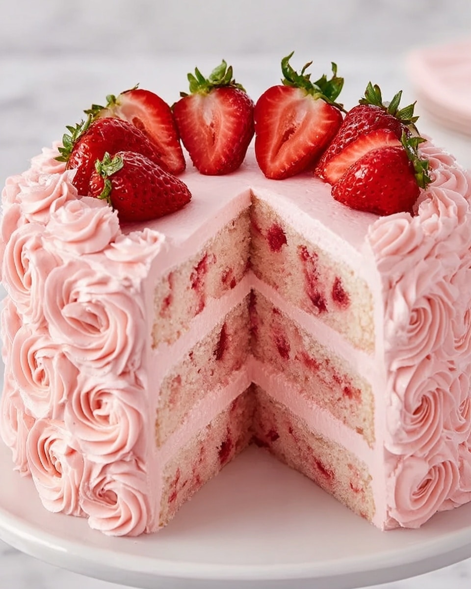 The image shows a three-layer pink cake on a white plate, set on a white marbled surface. The cake layers are light pink with small pieces of red fruit inside. Between each cake layer, there is a thick layer of light pink frosting. The outside of the cake is covered in smooth, light pink frosting with rosette swirls decorating the sides. The top of the cake is decorated with whole red strawberries and a few halved strawberries placed evenly around the edge. The overall look is soft and fluffy with a fresh fruit touch. Photo taken with an iphone --ar 4:5 --v 7