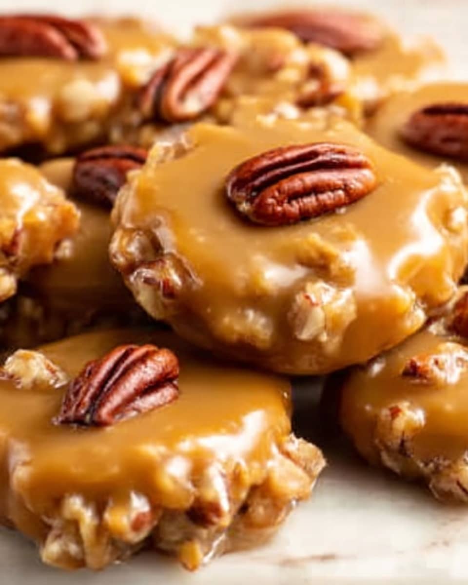 The image shows several round cookies stacked on a white marbled surface, each covered with a thick layer of golden caramel that has a shiny, slightly sticky texture. The cookies are light brown and have chunks of nuts visible through the caramel. On top of each cookie, there is one half of a pecan nut placed centrally, adding a dark brown contrast. The overall look is rich and sweet with a mix of smooth and crunchy textures. photo taken with an iphone --ar 4:5 --v 7