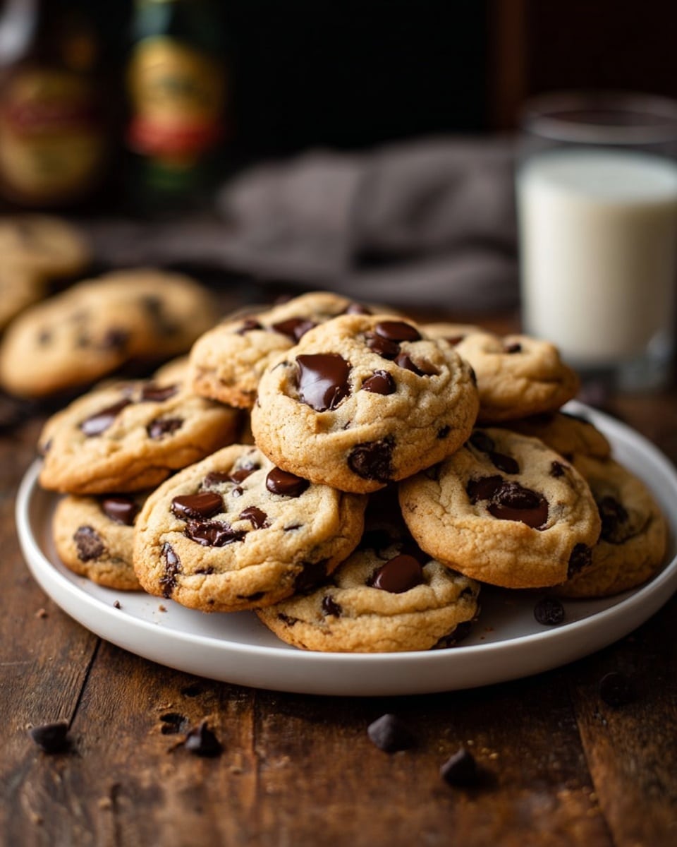 A white plate piled high with golden brown chocolate chip cookies, each cookie thick and soft with lots of shiny dark chocolate chips scattered on top and inside. The cookies have a slightly cracked texture showing they are fresh and chewy. A few chocolate chips are scattered on the wooden table around the plate, with a blurred bottle and a glass of milk in the dark background. The scene is warm and cozy with soft lighting that highlights the rich colors of the cookies. Photo taken with an iphone --ar 4:5 --v 7