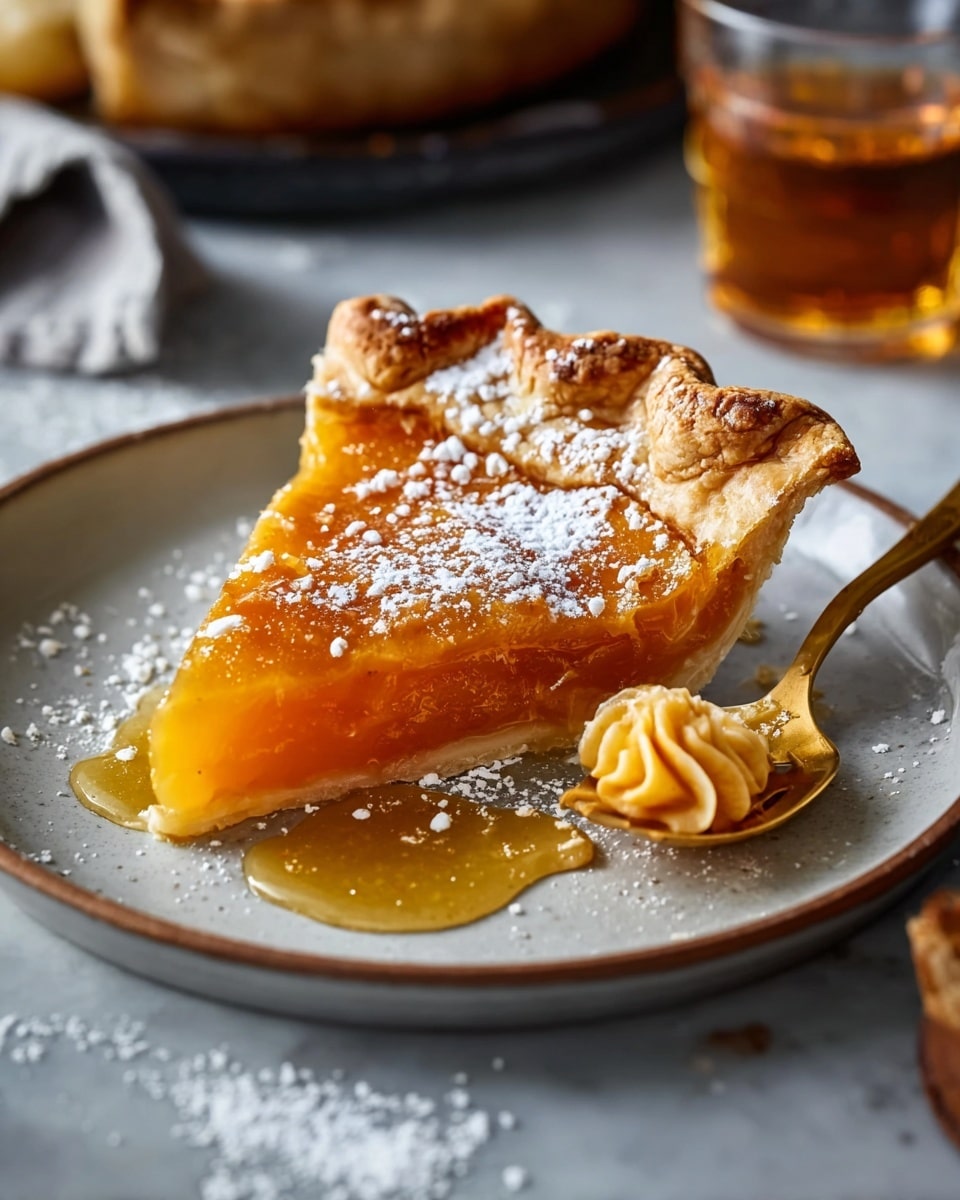 A white plate with a golden-brown crusted pie slice, showing three layers: a thick, glossy orange filling in the middle, a slightly puffed and browned pastry layer on top with a flaky texture, and a crunchy, crimped crust edge. The pie slice is resting on a pool of shiny amber syrup that glistens under the light. Powdered sugar is lightly dusted over the slice and plate. To the right, a golden fork holds a small swirl of the same pie filling. The plate sits on a white marbled textured surface with scattered powdered sugar around, and there is a blurred glass of amber liquid and a piece of bread in the background. photo taken with an iphone --ar 4:5 --v 7