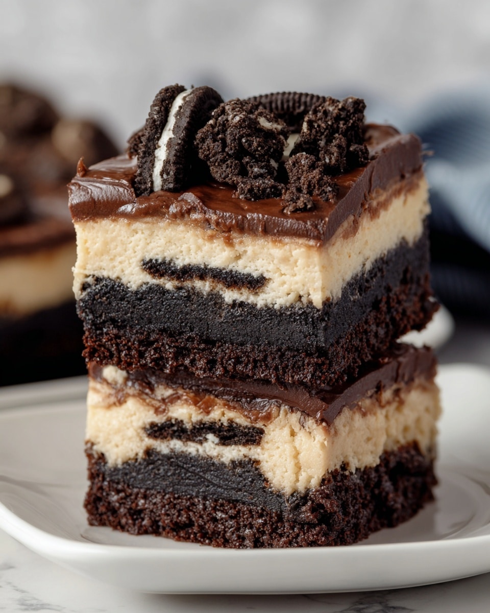 The image shows a close-up of two stacked square dessert bars with four distinct layers, set on a white plate against a white marbled background. The bottom layer is dense and dark brown, resembling moist chocolate brownie. Above it lies a whole chocolate sandwich cookie, black with visible cream filling. The next layer is a thick, creamy beige cheesecake layer with a smooth texture. The top layer is a glossy, dark chocolate ganache, topped with broken pieces of the same chocolate sandwich cookie, adding texture and contrast. Photo taken with an iphone --ar 4:5 --v 7