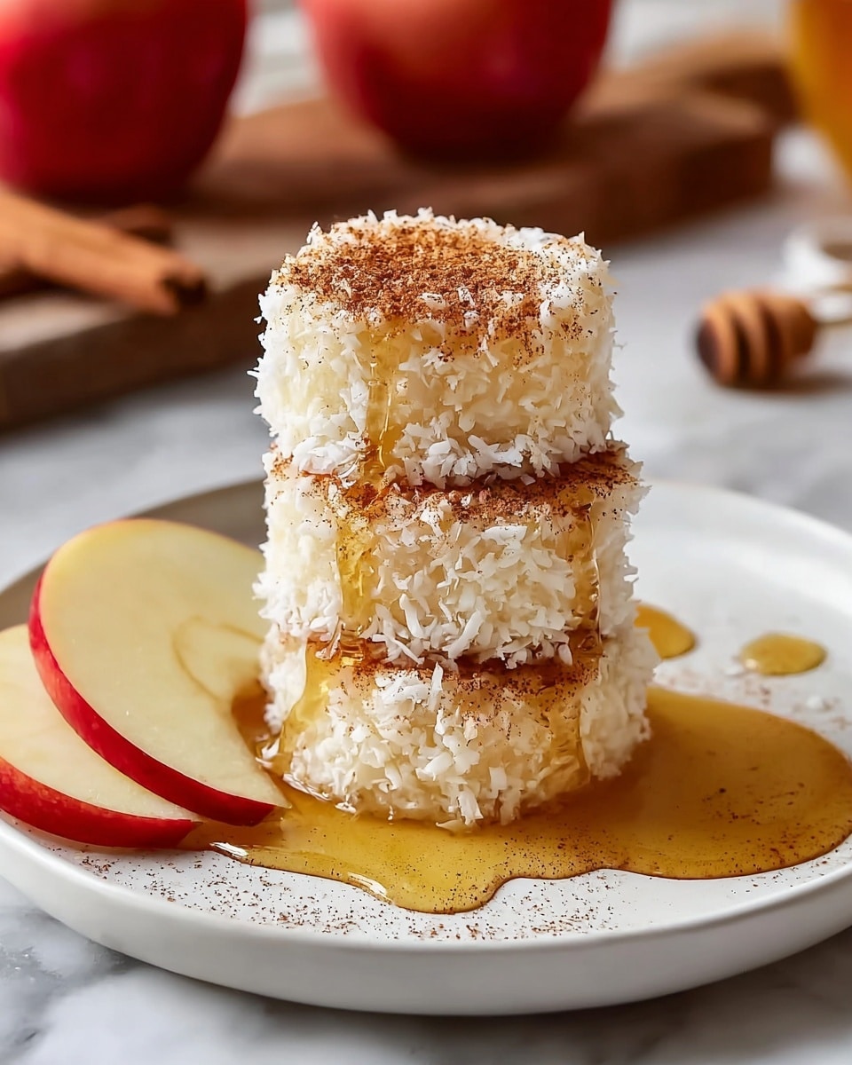 The image shows a neatly stacked tower of three round, creamy dessert bites coated in white shredded coconut and sprinkled with brown cinnamon powder, each layer dripping with golden honey that glistens under the light. They sit centered on a white plate with three thin apple slices arranged on one side and extra honey pools around them. The texture of the dessert looks soft and smooth inside with a rough coconut exterior. The background has a blurred white marbled surface with a red apple and wooden board in warm tones behind. photo taken with an iphone --ar 4:5 --v 7