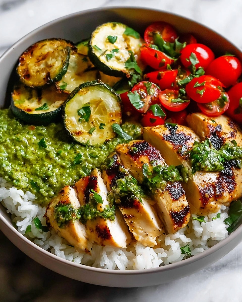 A white bowl is filled with a base layer of white rice at the bottom, topped with slices of grilled chicken breast that are golden-brown with visible grill marks and garnished with chopped green herbs. To the left of the chicken is a bright green, chunky sauce with a textured surface. Above the sauce are round slices of lightly grilled zucchini, showing some charred spots and drizzled with some green herb sauce. On the right side, there is a fresh mix of quartered red cherry tomatoes with green herbs scattered on top. The whole bowl is placed on a white marbled surface. Photo taken with an iphone --ar 4:5 --v 7