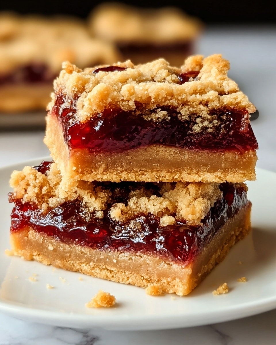 Two square dessert bars stacked on a white plate, each bar showing two main layers: a light brown crumbly top and bottom layer with a soft, slightly rough texture, and a middle layer of shiny, deep reddish-purple jam that looks thick and sticky, with bits of fruit visible in the jam. The edges of the bars are crumbly, with small crumbs scattered on the plate, and the background has a soft white marbled texture. photo taken with an iphone --ar 4:5 --v 7