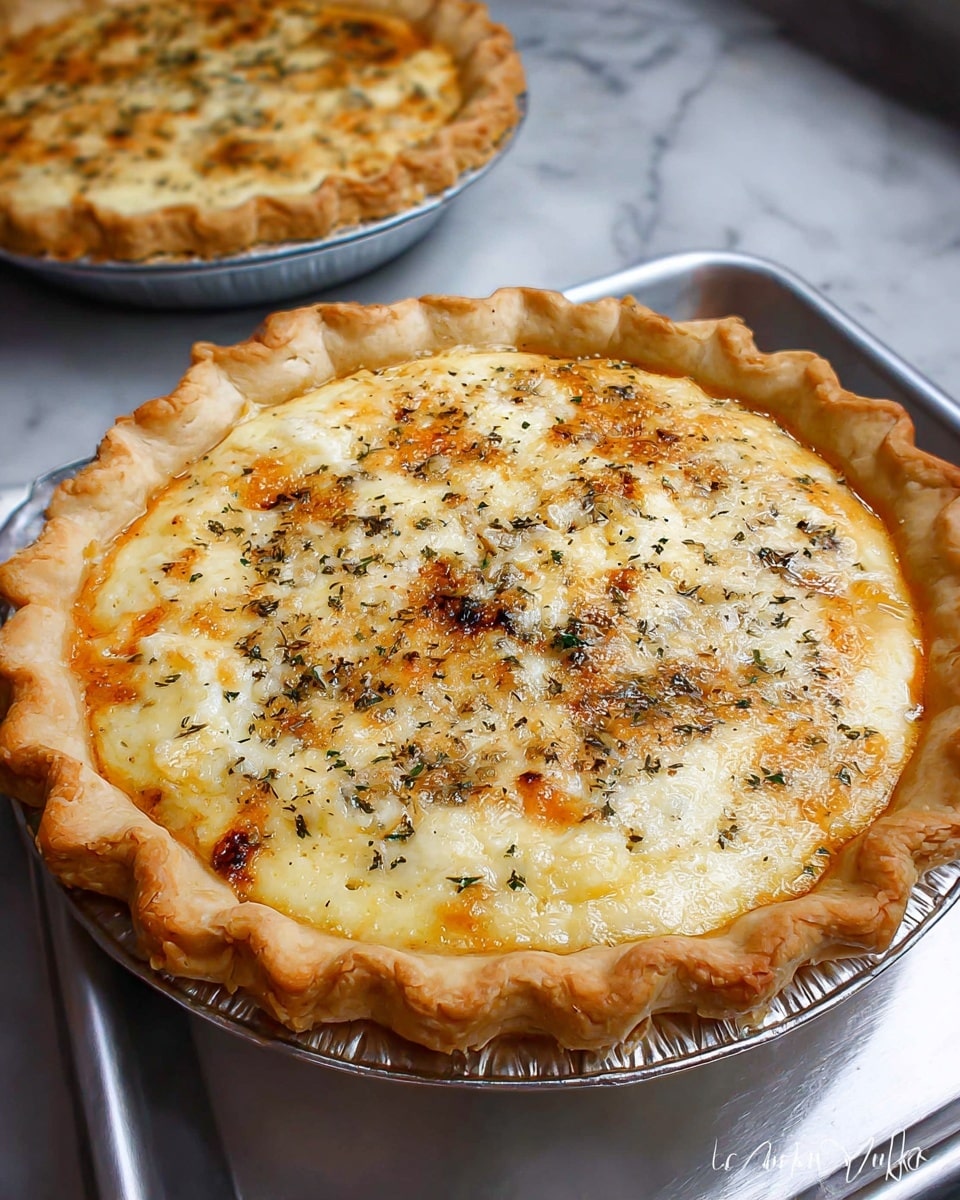 Three round pies with golden-brown, thick, and flaky crusts sit on shiny metal trays on a white marbled surface. Each pie has a top layer of creamy, melted cheese that is slightly browned in spots, mixed with scattered herbs and small pieces of what looks like cooked mushrooms or meat, creating a textured, uneven surface. The pies are about three layers: the bottom crust, a creamy filling with visible chunks, and the browned, cheesy top sprinkled with herbs. The pies are arranged in a line, one close to the camera and two others behind it, all showing their textured tops and crust edges clearly. Photo taken with an iphone --ar 4:5 --v 7