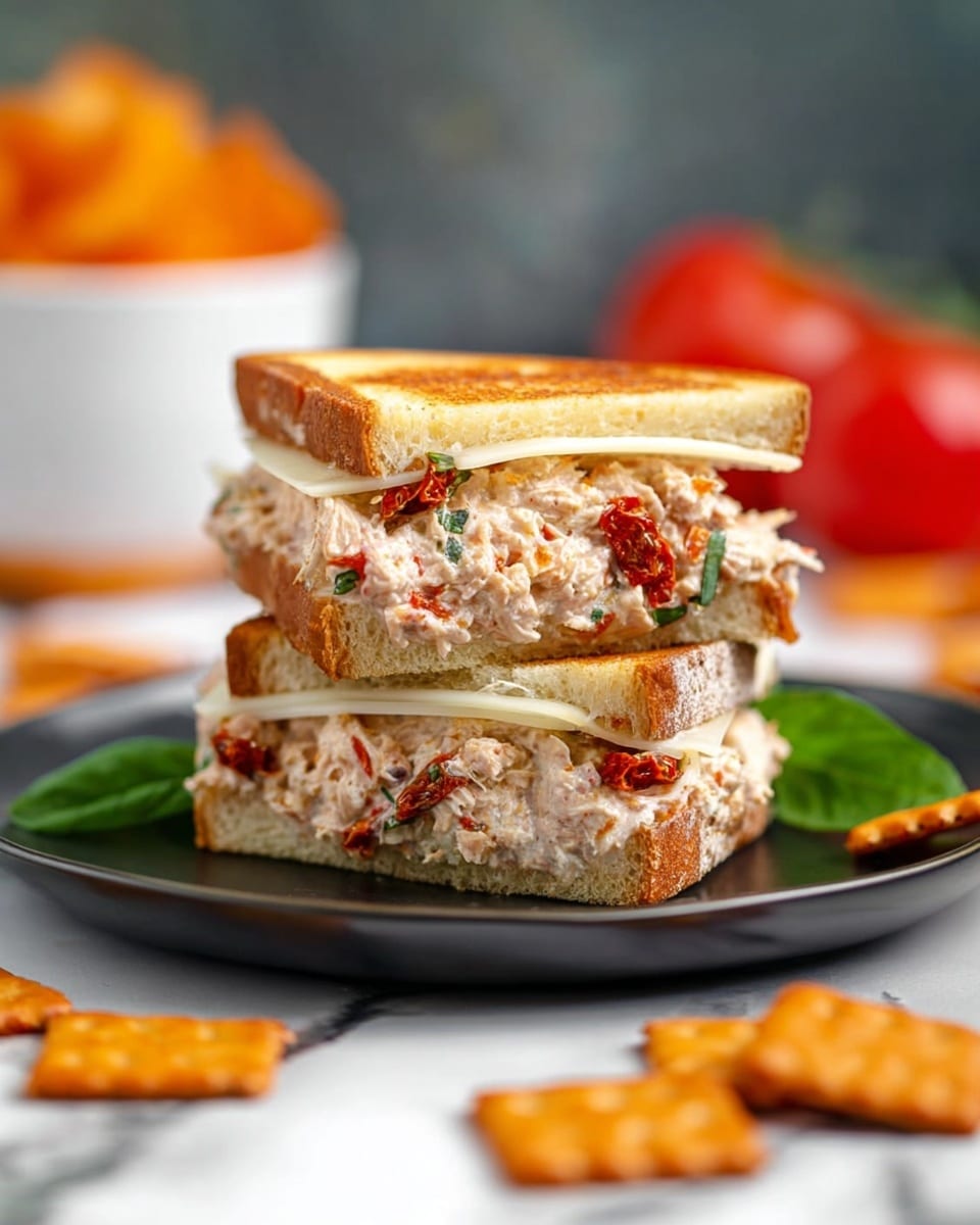 The image shows a two-layer sandwich stacked on a dark plate, placed on a white marbled surface. Each layer is made of thick, toasted bread with a light golden crust. Inside, there is a creamy mix of shredded pinkish tuna combined with small pieces of red sun-dried tomatoes and green herbs. A slice of white melted cheese sits on top of the tuna mix in each layer. A single green leaf peeks out from between the sandwich layers. Around the plate are scattered orange-brown crackers, some whole and some broken. The background is softly blurred with hints of red tomatoes and a white bowl filled with orange chips. photo taken with an iphone --ar 4:5 --v 7