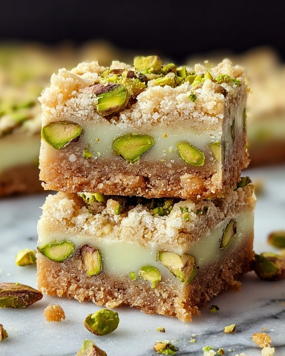 Two square bars stacked on a white marbled surface, each bar has three layers: the bottom layer is crumbly and light brown with small green pistachio pieces embedded throughout, the middle layer is a thick, smooth pale green filling with whole pistachio nuts visible inside, and the top layer is a cracked, crumbly, off-white crust sprinkled with bits of chopped pistachio. Crumbs and pistachio pieces are scattered around the bars. Photo taken with an iphone --ar 4:5 --v 7
