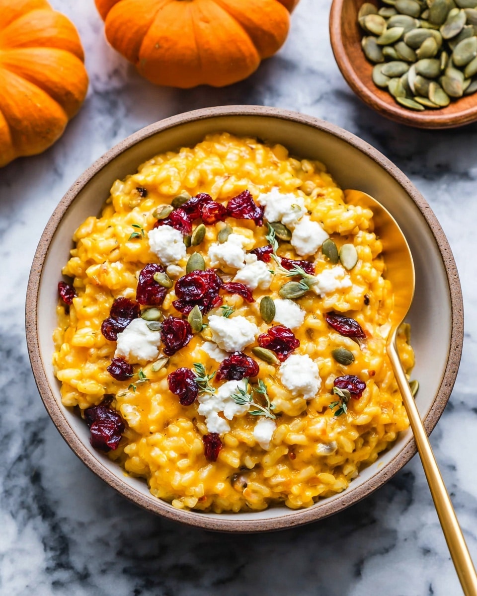 A deep white bowl filled with creamy, bright orange risotto, showing a rich and slightly lumpy texture. On top, there are scattered small white dollops of soft cheese, vibrant red dried cranberries, and light green pumpkin seeds. There are also tiny green herb pieces sprinkled across the dish, adding subtle contrast. A golden spoon is resting inside the bowl on the right side. In the background, there are small pumpkins and a small bowl of pumpkin seeds on a white marbled texture surface. Photo taken with an iphone --ar 4:5 --v 7