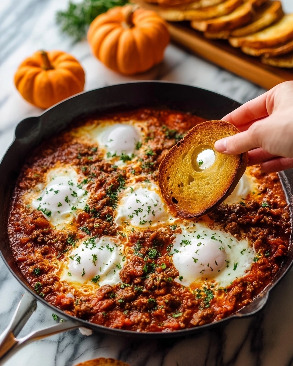 A black skillet is filled with a rich, chunky red tomato sauce mixed with browned ground meat, topped with four white, poached eggs that are soft and slightly runny. The surface of the dish is sprinkled with fresh green herbs, adding a bright contrast. A woman's hand is holding a toasted oval bread slice with a golden-brown crust and a small hole in the middle, lightly dipped into the sauce. In the background, there is a small orange pumpkin, some scattered green herbs, and a stack of toasted bread slices on a white marbled surface. photo taken with an iphone --ar 4:5 --v 7