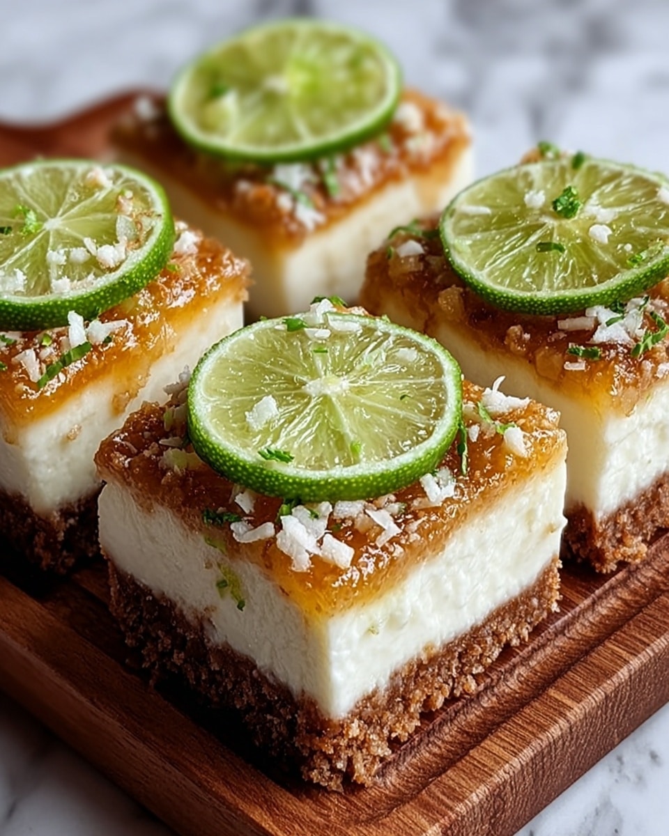 The image shows four square dessert pieces arranged closely on a wooden board. Each piece has three layers: the bottom layer is a crumbly brown crust, the middle layer is thick and creamy white filling, and the top layer is a shiny, textured caramel-like topping with coarse bits and green herb pieces sprinkled throughout. Each dessert piece is topped with a thin, round green lime slice. The background surface is a white marbled texture. photo taken with an iphone --ar 4:5 --v 7
