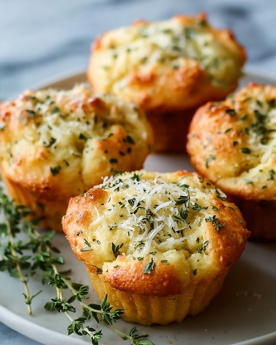 A close-up image of four savory muffins with a golden-brown top, each topped with light green herbs and shredded white cheese. The muffins have a soft, uneven cracked texture on top showing a slight rise and fluffy crumb inside. They are placed closely together on a white round plate with lemon-sized muffins paper liners visible along the sides. Fresh green herb sprigs with tiny leaves are placed next to the plate on a white marbled surface. photo taken with an iphone --ar 4:5 --v 7