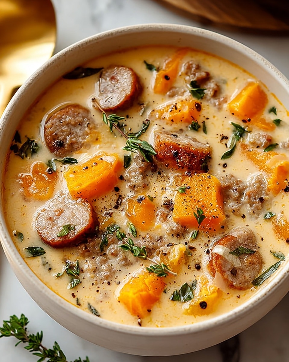 A white bowl filled with creamy soup that has four main layers visible: the base is a smooth, light beige broth; floating in it are bright orange chunks of cooked squash and small round slices of browned sausage; scattered throughout are small pieces of translucent onion; and the top is sprinkled with fresh green thyme leaves and coarse black pepper, giving texture and color contrast; the bowl sits on a white marbled surface, and a golden spoon is nearby. photo taken with an iphone --ar 4:5 --v 7