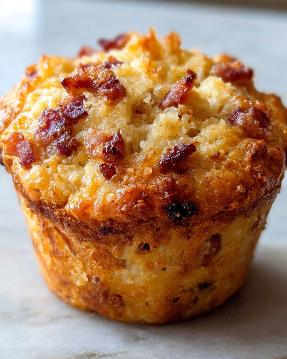 A close-up of a single savory muffin sitting on a white marbled surface, showing a golden-brown crust with crispy edges and a soft, moist inside. The muffin is dotted with small pieces of cooked bacon, which are dark reddish-brown and slightly shiny, mixed throughout the top and interior. The texture is crumbly at the top with a moist, tender crumb below. The muffin has a slightly irregular, homemade shape, with a golden color that deepens near the edges. Photo taken with an iphone --ar 4:5 --v 7