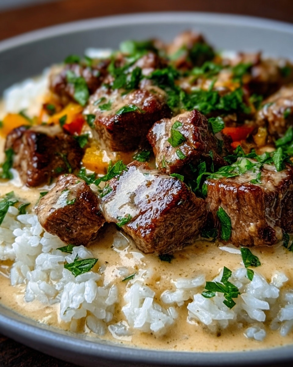 A close-up view of a dish with three layers, served in a white bowl; the bottom layer is soft white rice with a glossy texture, the middle layer consists of thick beige gravy with a smooth, creamy look, and the top layer shows several pieces of browned beef cubes with a slightly crispy outer texture, all garnished with fresh, bright green chopped herbs scattered over the gravy and beef, photo taken with an iphone --ar 4:5 --v 7