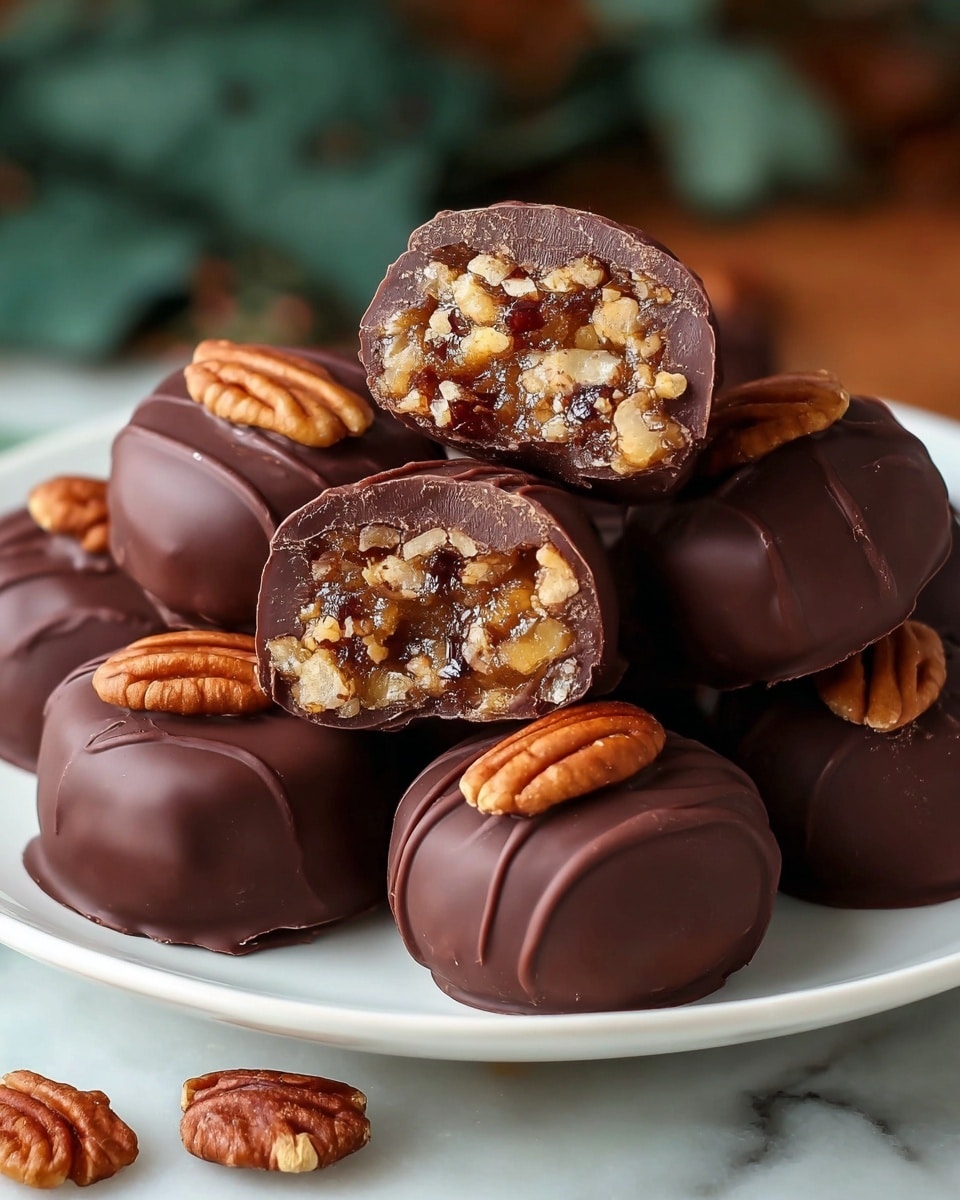 A white plate holds a pile of round chocolate-covered treats, each topped with a single whole pecan that is a warm, reddish-brown color with a ridged texture. The chocolate coating is smooth and dark brown, covering each treat fully in a glossy shell that has slight drizzle lines. Two of the treats are cut in half, showing a rich, golden-brown inner layer full of crushed pecans mixed with a sticky, translucent filling. The inside is chunky with pieces of nuts standing out distinctly. The plate sits on a white marbled surface with some soft-focus pecans and greenery in the blurry background. Photo taken with an iphone --ar 4:5 --v 7