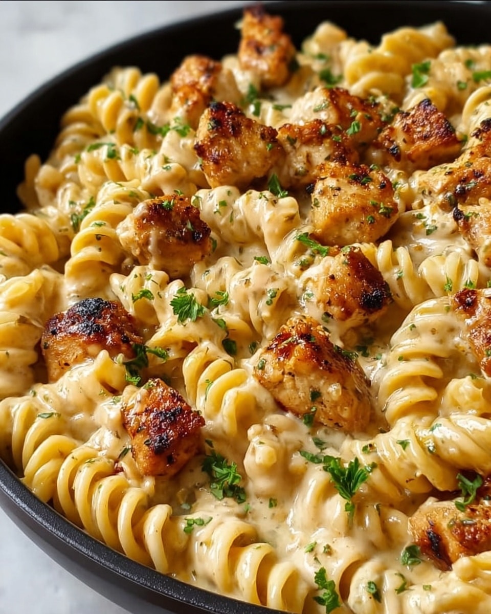 The image shows a close-up of a white bowl filled with creamy rotini pasta covered in a light beige sauce. Scattered on top are chunks of golden-brown cooked chicken with a slightly crispy texture and seasoned with herbs and pepper. Small green parsley pieces are sprinkled over the dish, adding a fresh contrast. The texture of the pasta looks smooth and coated in sauce, while the chicken pieces have a slightly rough grilled look. The bowl sits on a white marbled surface. Photo taken with an iphone --ar 4:5 --v 7