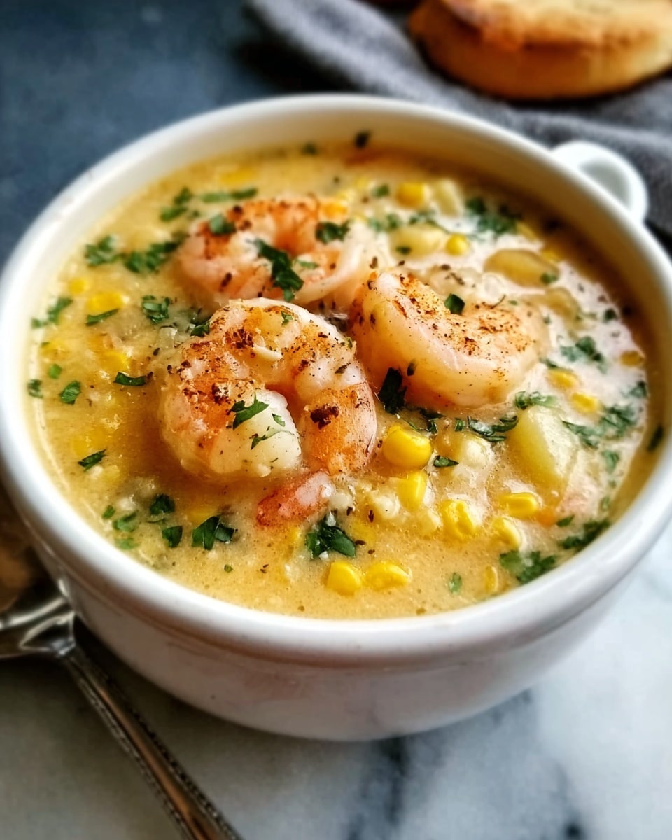 A white bowl filled with a creamy soup that has a pale yellow color, with visible pieces of corn and small green herbs scattered inside. On top, there are several large, pink shrimp placed evenly, adding a vibrant contrast. The soup looks smooth with some texture from the corn, and a silver spoon is resting near the bowl on a white marbled surface. Photo taken with an iphone --ar 4:5 --v 7