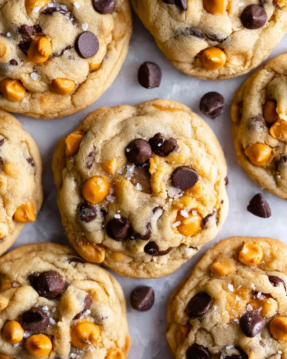 The image shows a close-up of a soft, thick cookie with a light golden-brown base. The cookie has several layers of texture, including a slightly crispy edge and a chewy center. Scattered on top are chunky dark brown chocolate chips and bright orange butterscotch chips, some partially melted, creating a glossy look. Small crystals of coarse sea salt sprinkle the top, adding a hint of sparkle and contrast. The cookies rest on a white marbled surface. photo taken with an iphone --ar 4:5 --v 7