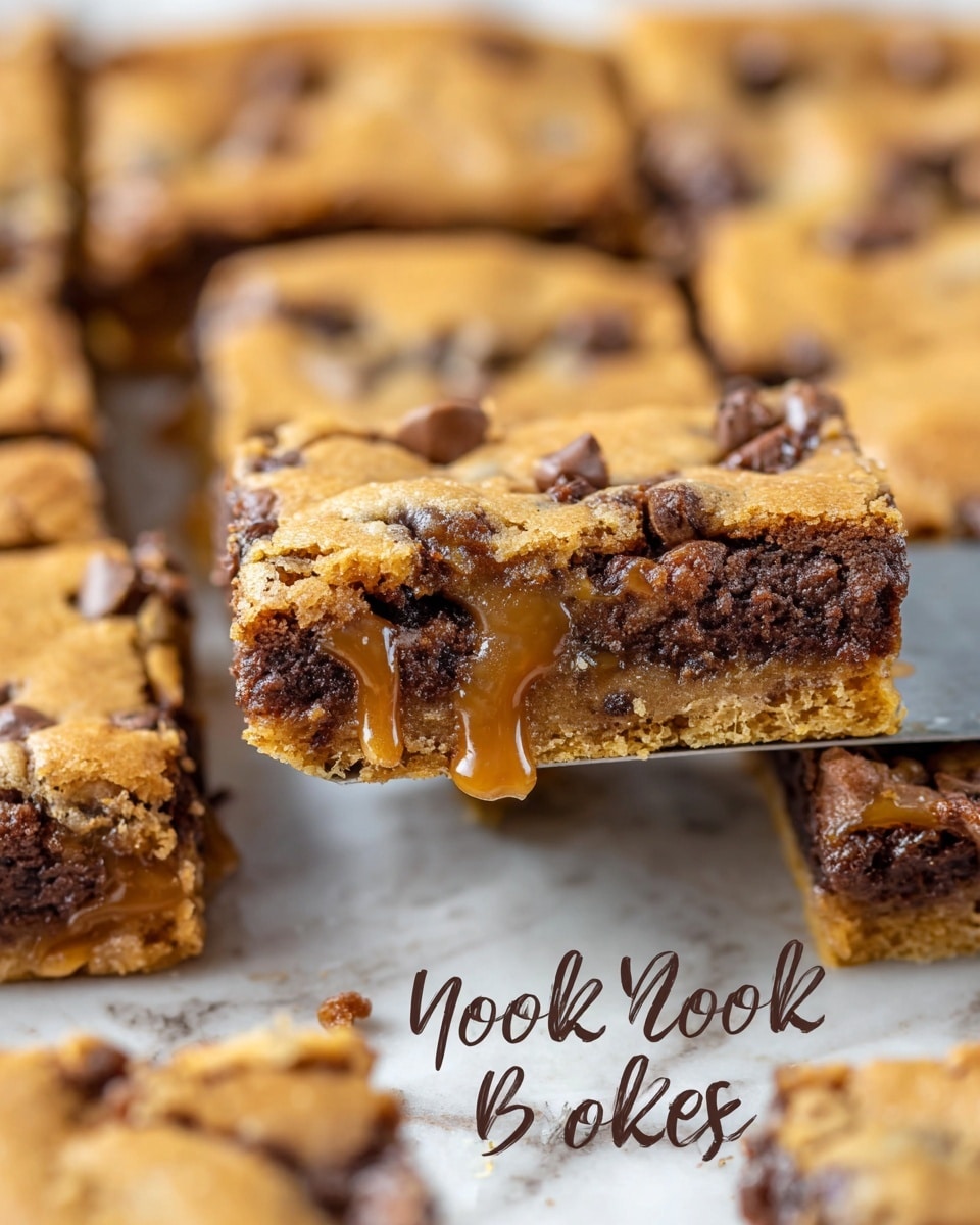 The image shows a thick, gooey dessert cut into square bars arranged on a white marbled surface. Each bar has one golden-brown top layer with a slightly cracked, soft cookie texture studded with semi-melted chocolate chips. The middle layer is rich and dark chocolate mixed with caramel, giving a sticky and melted look. The bars are cut into individual pieces, with one piece being lifted on a metal spatula, showing the layers clearly. The gooey caramel and chocolate flow slightly on the sides, creating a warm, fresh-baked feel. photo taken with an iphone --ar 4:5 --v 7