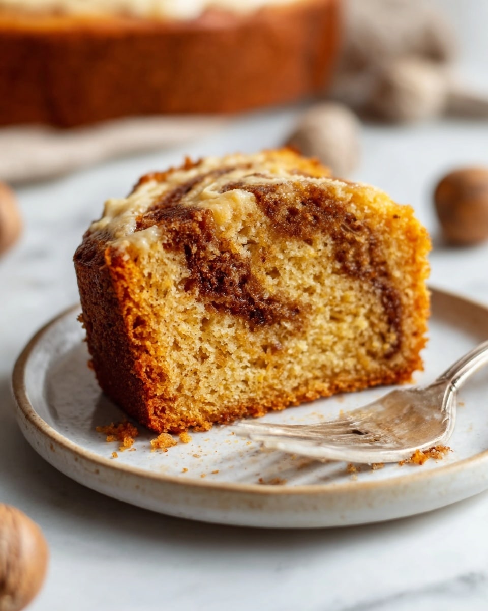 A slice of moist, golden brown cake with visible swirls of a darker, cinnamon-like filling running throughout, resting on a simple white plate. The cake’s texture looks soft and slightly crumbly, with a smooth, slightly shiny top. Next to the slice, there is a silver fork placed on the plate. The background shows a white marbled surface, and there are a few blurred whole nutmegs or round spices in the background. Photo taken with an iphone --ar 4:5 --v 7