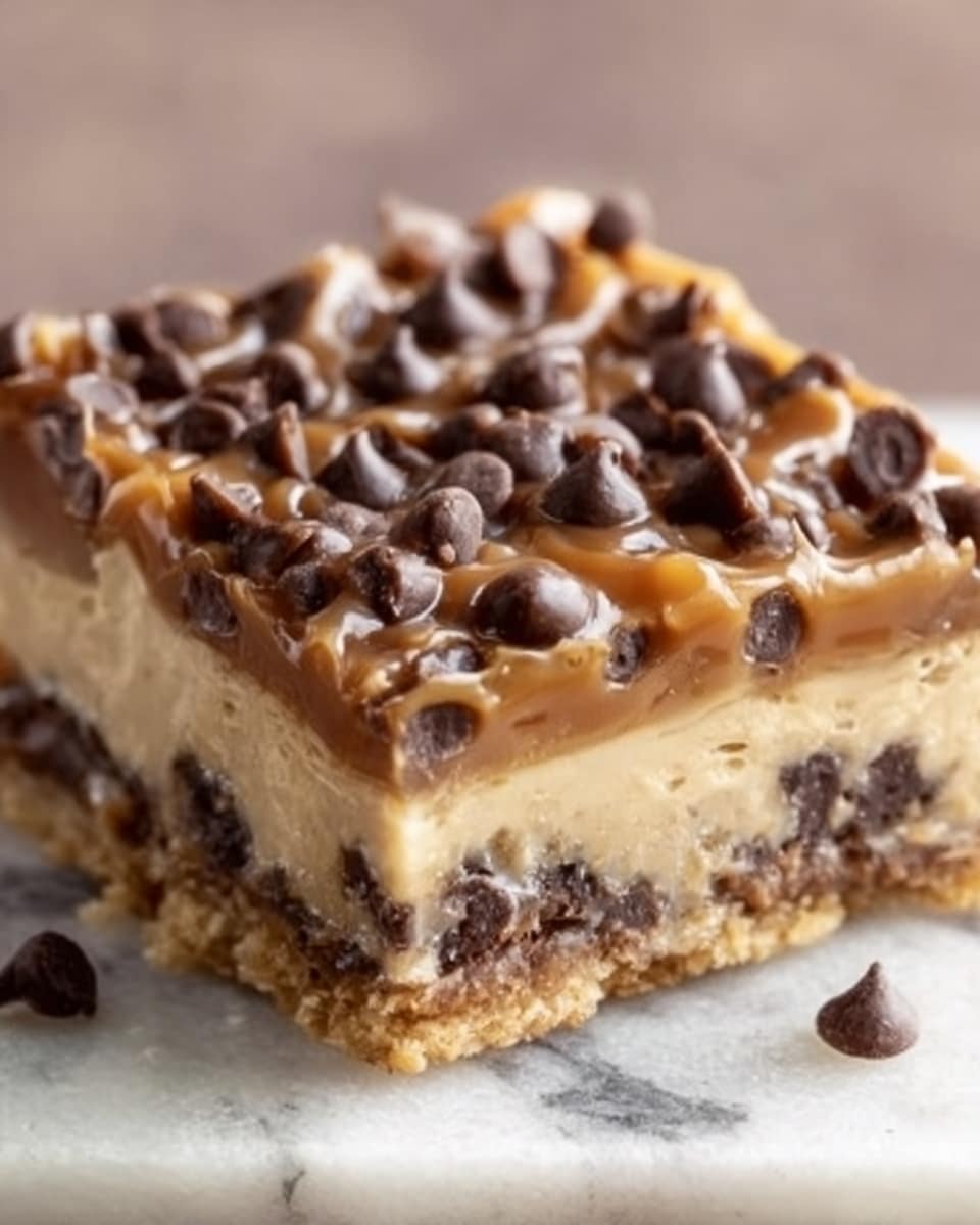 A close-up view of a dessert square with three layers: the bottom layer is a light brown, crumbly crust; the middle layer is creamy white with small dark chunks inside; the top layer is smooth caramel color with shiny chocolate chips spread evenly over it. The dessert is on a white plate, and the background is a white marbled texture. Photo taken with an iphone --ar 4:5 --v 7