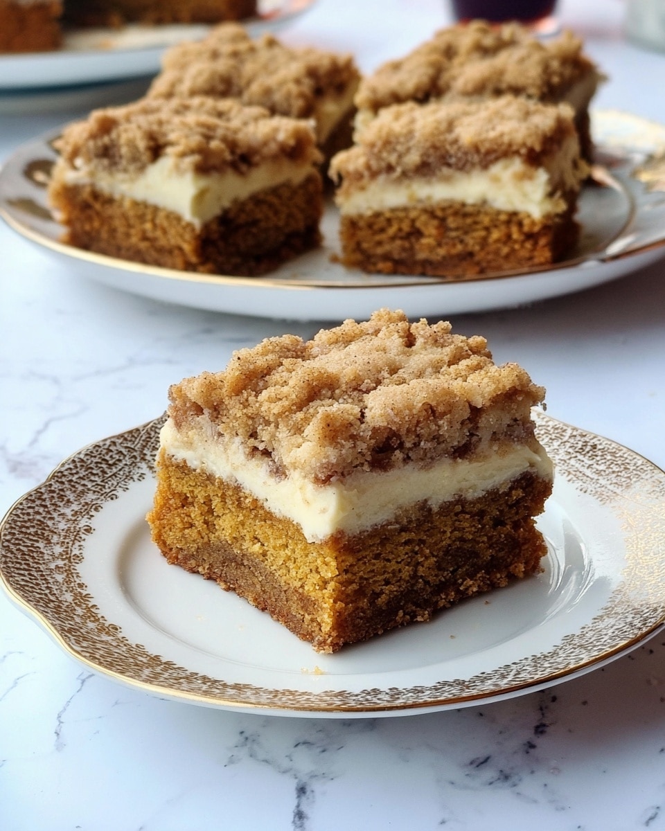 The image shows a piece of crumb cake with three clear layers placed on a white plate with a gold patterned border, set on a white marbled surface. The bottom layer is a dense, moist, brown cake with a slightly coarse texture. The middle layer is a thin, smooth, creamy white frosting. The top layer is a thick crumb topping with a rough, crumbly texture in a light brown color. In the background, there is a larger white plate with gold edges holding more pieces of the same crumb cake on the same white marbled surface. Photo taken with an iphone --ar 4:5 --v 7