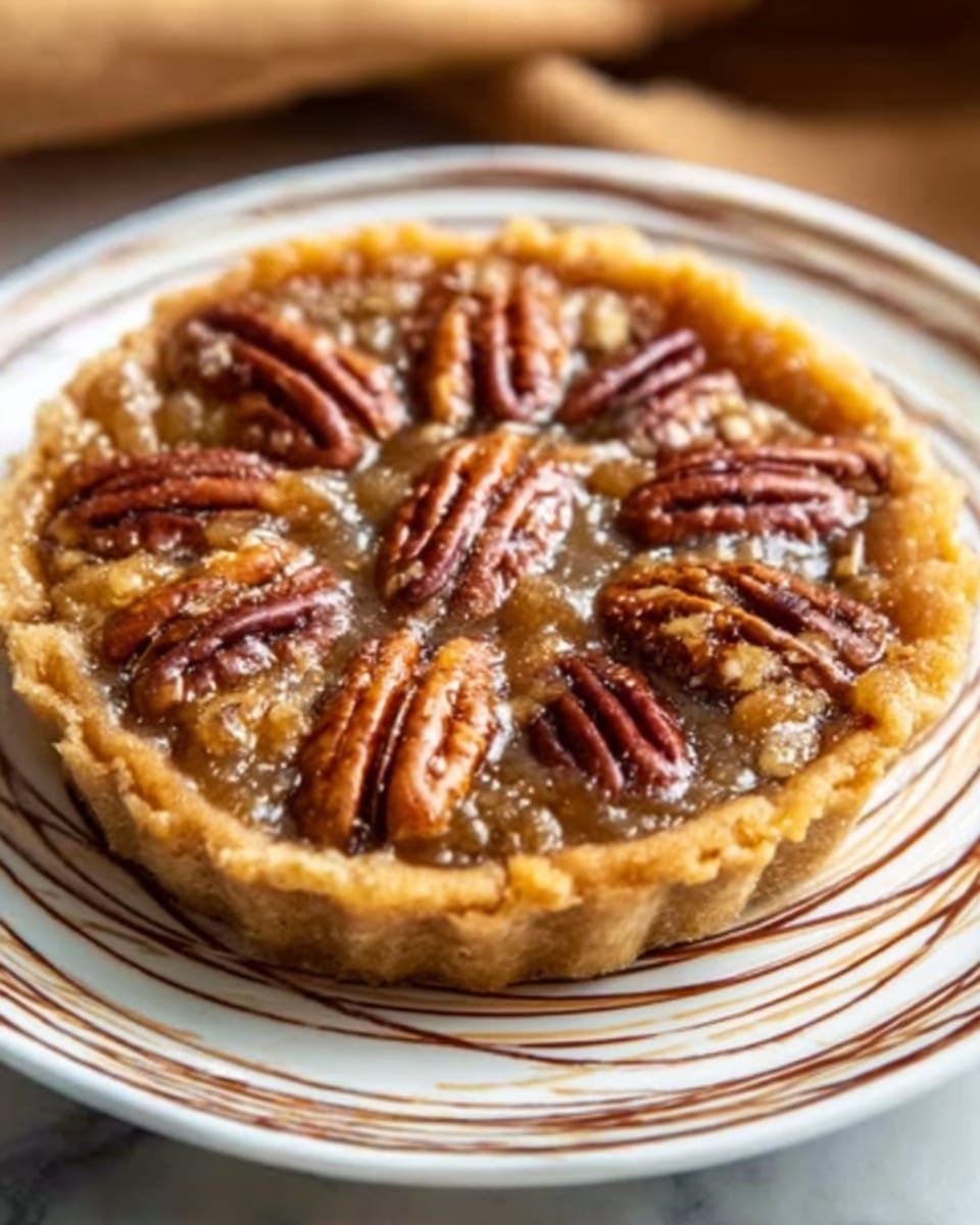 A single pecan pie tart sits on a white plate decorated with a brown swirl pattern around the edges; the tart has a golden brown crust that looks thick and crumbly, filled with a glossy, caramel-colored filling topped with whole pecan halves arranged closely across the surface, creating a textured and nutty top layer. The background shows a warm, softly blurred setting with a white marbled texture surface beneath the plate. Photo taken with an iphone --ar 4:5 --v 7