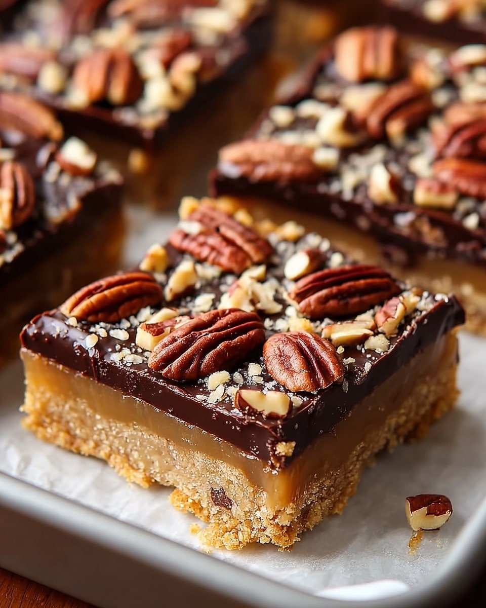 The image shows a close-up of two square dessert bars in a baking pan lined with parchment paper, placed on a white marbled texture. Each bar has three distinct layers: a crumbly golden-brown base, a light caramel-colored middle layer, and a glossy dark chocolate top layer. The top is decorated with whole pecan nuts and small chopped pecan pieces scattered evenly across the surface, adding texture and visual contrast. The dessert bars have a rich and inviting look with the shiny chocolate layer catching the light. photo taken with an iphone --ar 4:5 --v 7