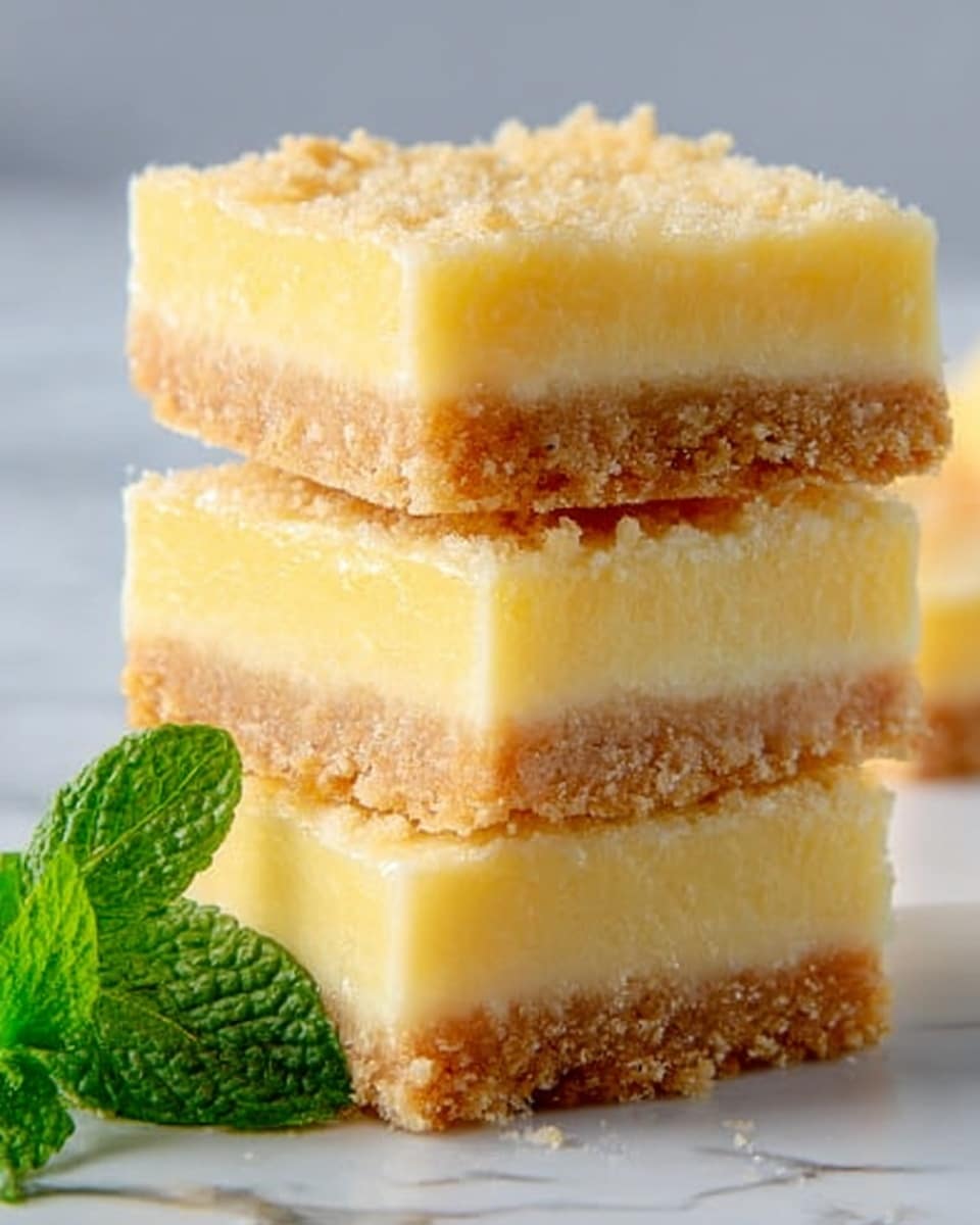 The image shows a stack of three lemon bars placed on a white marbled surface. Each lemon bar has two layers: a crumbly, light brown crust at the bottom with a rough texture, and a thick, smooth, pale yellow lemon filling on top that looks creamy and soft. The bars are neatly cut into squares, and there is a small green mint leaf next to the stack, adding a touch of color. Photo taken with an iphone --ar 4:5 --v 7