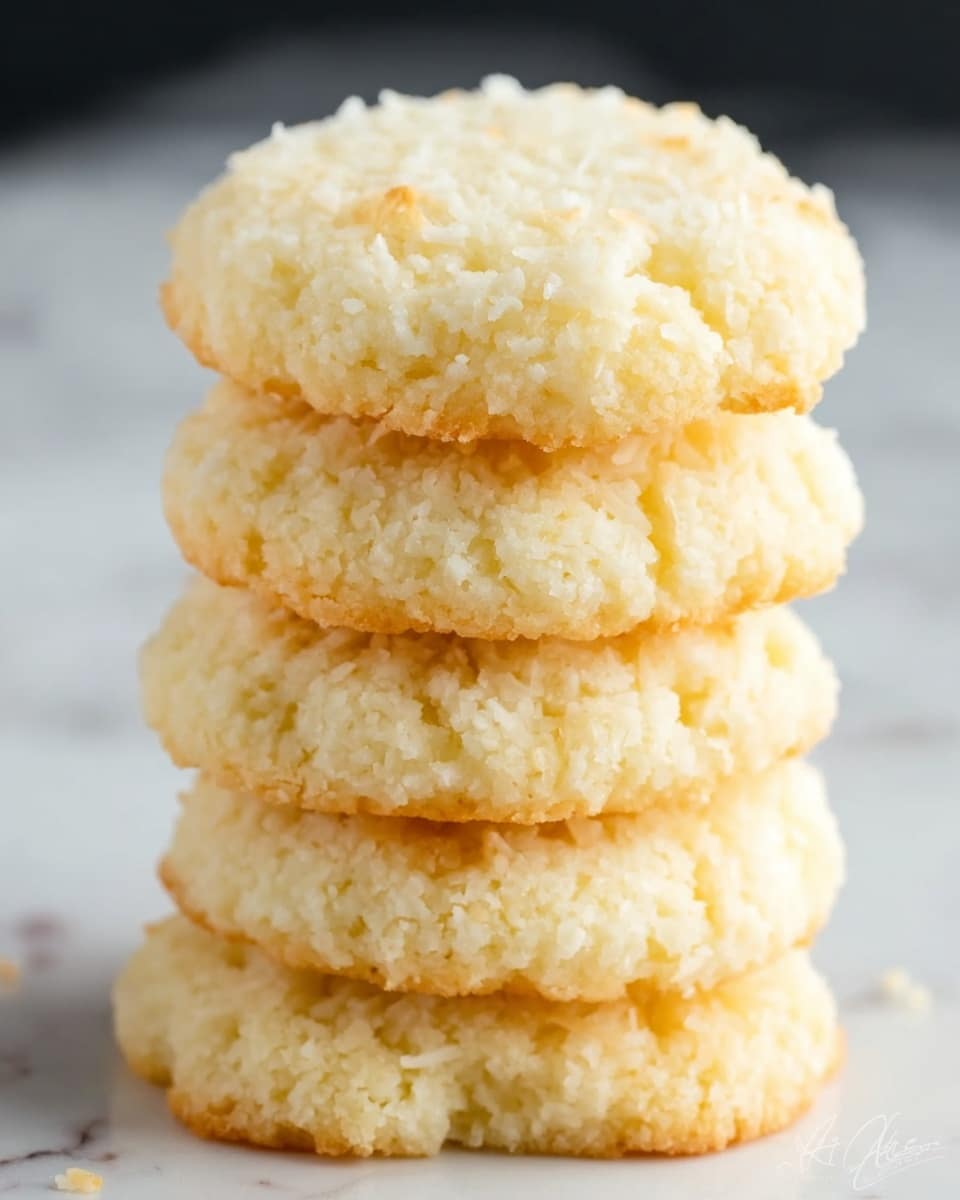 A close-up image of a stack of five soft, round coconut cookies with a crumbly texture, pale yellow and white in color. The cookies appear thick and fluffy with rough, uneven edges showing flakes of coconut throughout. The background is a white marbled texture, softly blurred, focusing fully on the details of the cookie surface. photo taken with an iphone --ar 4:5 --v 7