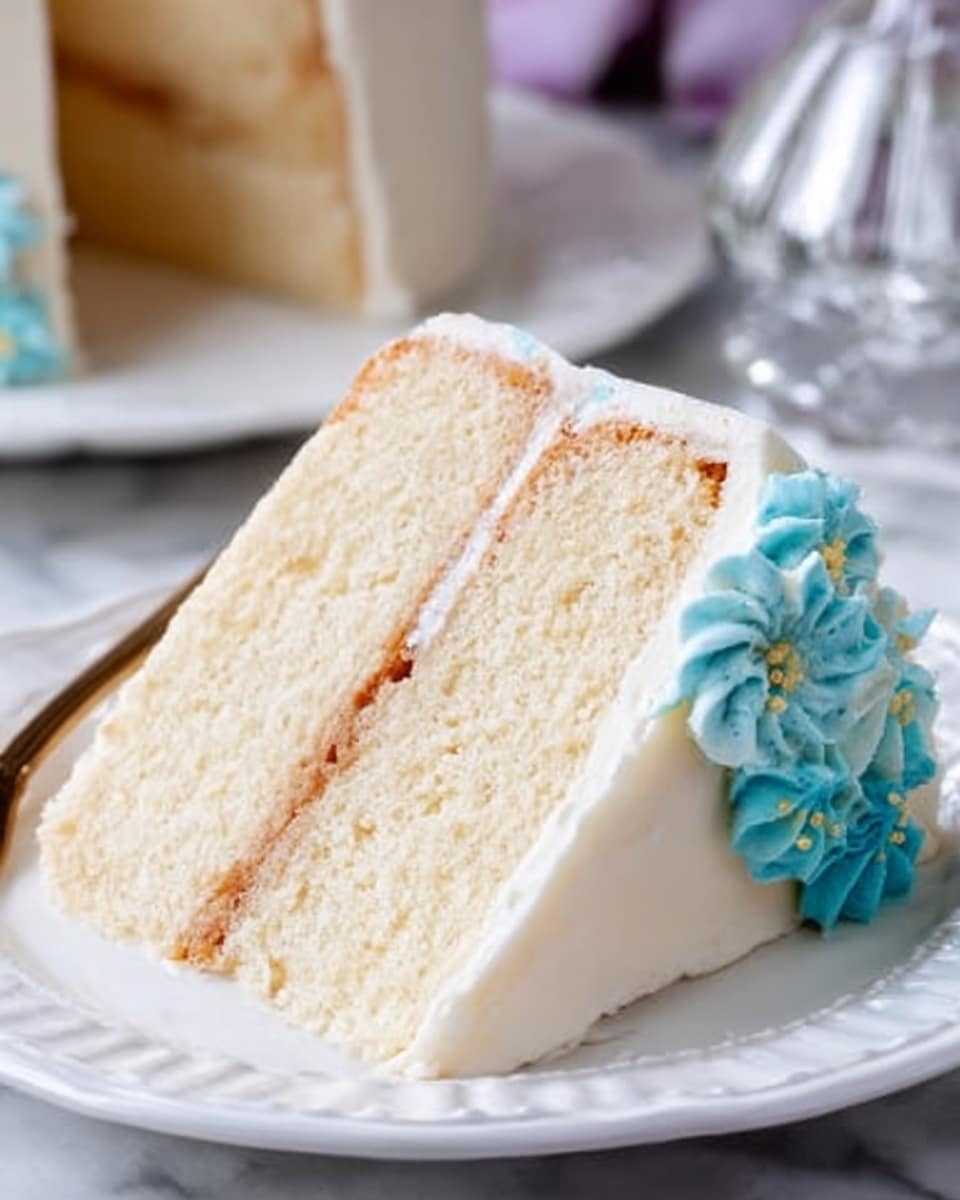 A slice of white cake with two thick, soft layers separated by a thin layer of light brown filling, all covered in smooth white frosting. The cake has a bright teal decorative flower made of frosting on the side, with small gold sprinkles on it. The slice is on a white plate with a lace-like edge, sitting on a white marbled surface. Photo taken with an iphone --ar 4:5 --v 7