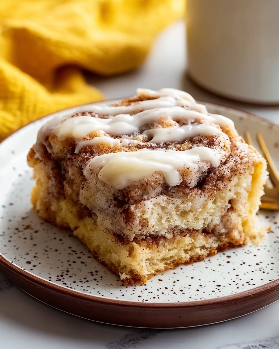 The image shows a piece of cinnamon roll cake placed on a white plate with a brown rim and speckled black dots. The cake has three visible layers: the bottom and top layers are light golden and fluffy, while the middle layer is darker brown with cinnamon swirls. The entire cake is topped with a white creamy glaze that is drizzled unevenly, slightly melting into the cinnamon spots on the surface. The white marbled background contrasts softly with the plate, and a blurred yellow cloth is seen in the back. Photo taken with an iphone --ar 4:5 --v 7