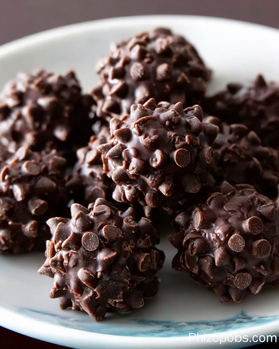 A blue plate filled with several round, dark brown chocolate balls covered in many small, shiny chocolate chips creating a rough textured surface. Each ball is dense and closely packed with chips, giving a bumpy look. The plate contrasts with the dark chocolates, and the background is softly blurred with warm brown tones. The focus is sharp on the nearest chocolate balls, showing the detail of the chips and the smooth chocolate underneath. photo taken with an iphone --ar 4:5 --v 7