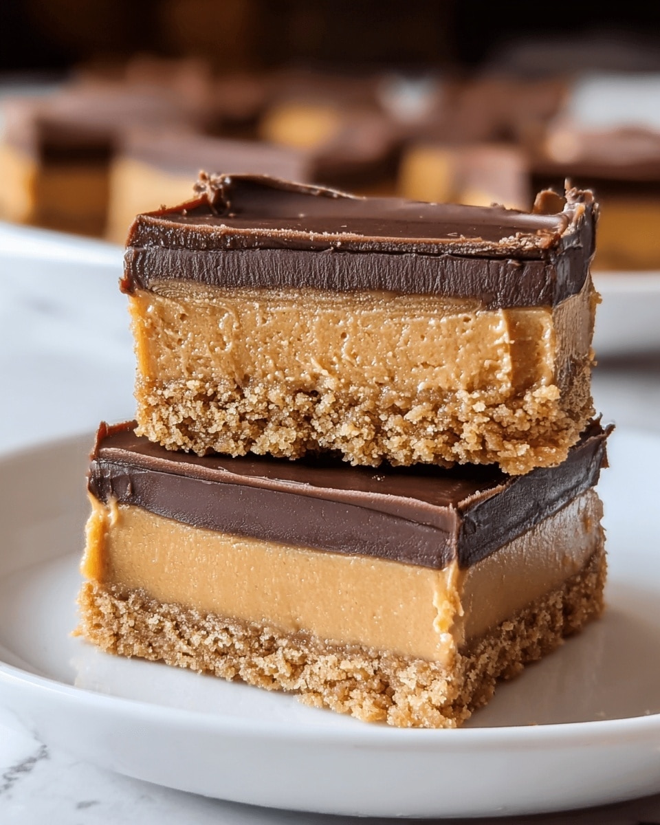 Two peanut butter cups stacked on a white plate, each cut in half showing three layers: the bottom layer is a crumbly light brown crust, the middle layer is a thick, creamy tan peanut butter filling with a smooth texture, and the top layer is a glossy dark brown chocolate coating. The top peanut butter cup half rests slightly askew on the bottom one, revealing the soft, dense filling inside. The background is softly blurred with a white marbled texture surface. photo taken with an iphone --ar 4:5 --v 7