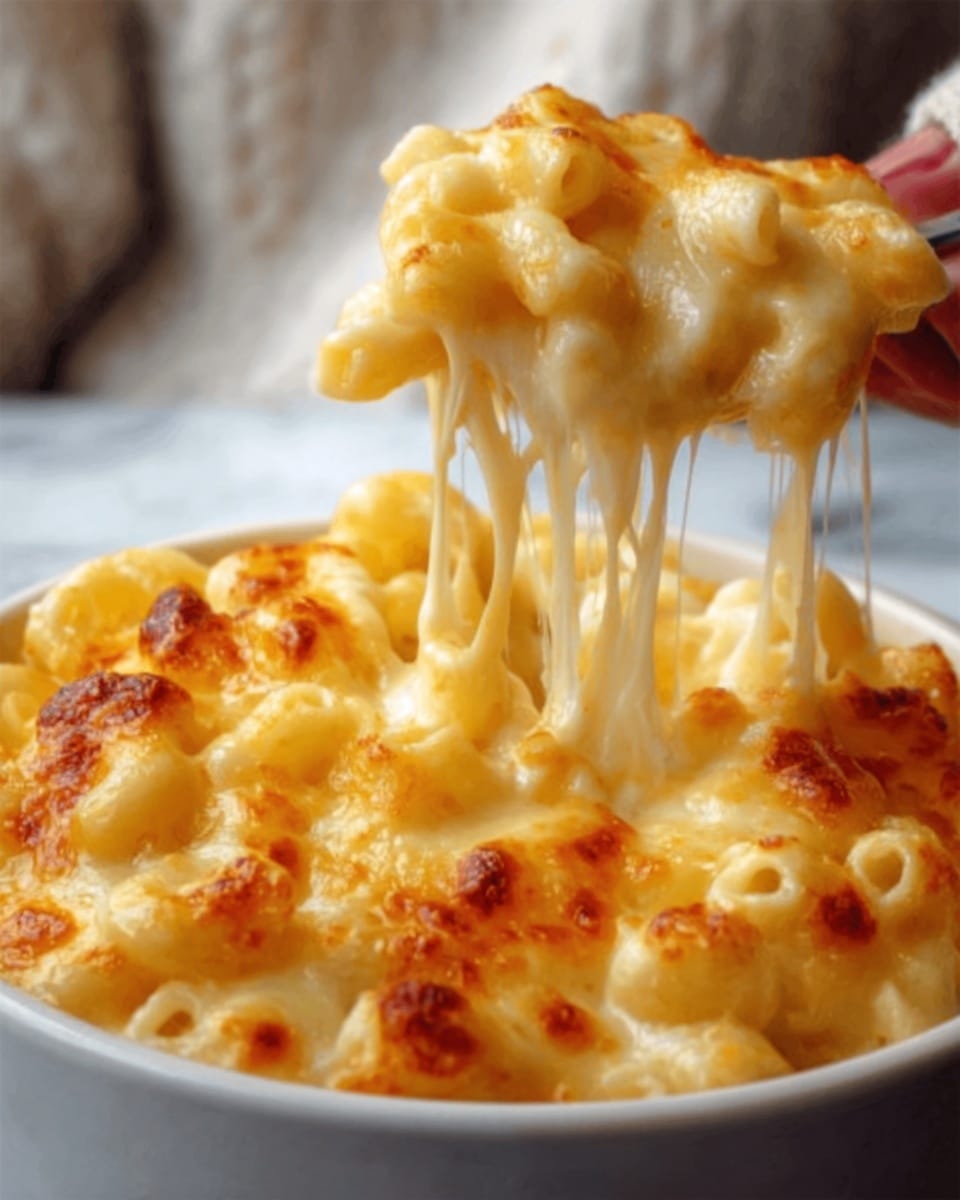 A white bowl filled with creamy macaroni and cheese, showing a generous layer of melted golden cheese on top with a bubbly, slightly browned texture. A woman's hand is lifting a spoonful, causing long, stretchy cheese strands to pull up from the bowl. The macaroni beneath is soft and coated in rich, smooth cheese sauce, with a warm, inviting yellow-orange color. The bowl is on a white marbled surface. photo taken with an iphone --ar 4:5 --v 7