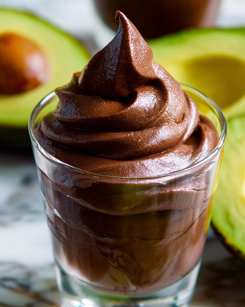A clear glass filled with three thick, smooth swirls of dark brown chocolate mousse stacked in layers, each swirl glossy and creamy with a light airy texture, the top swirl ends in a pointed peak curving slightly to the right. The glass stands on a surface with a blurred white marbled texture background, with a partially visible half of a green avocado blurred behind it. Photo taken with an iphone --ar 4:5 --v 7