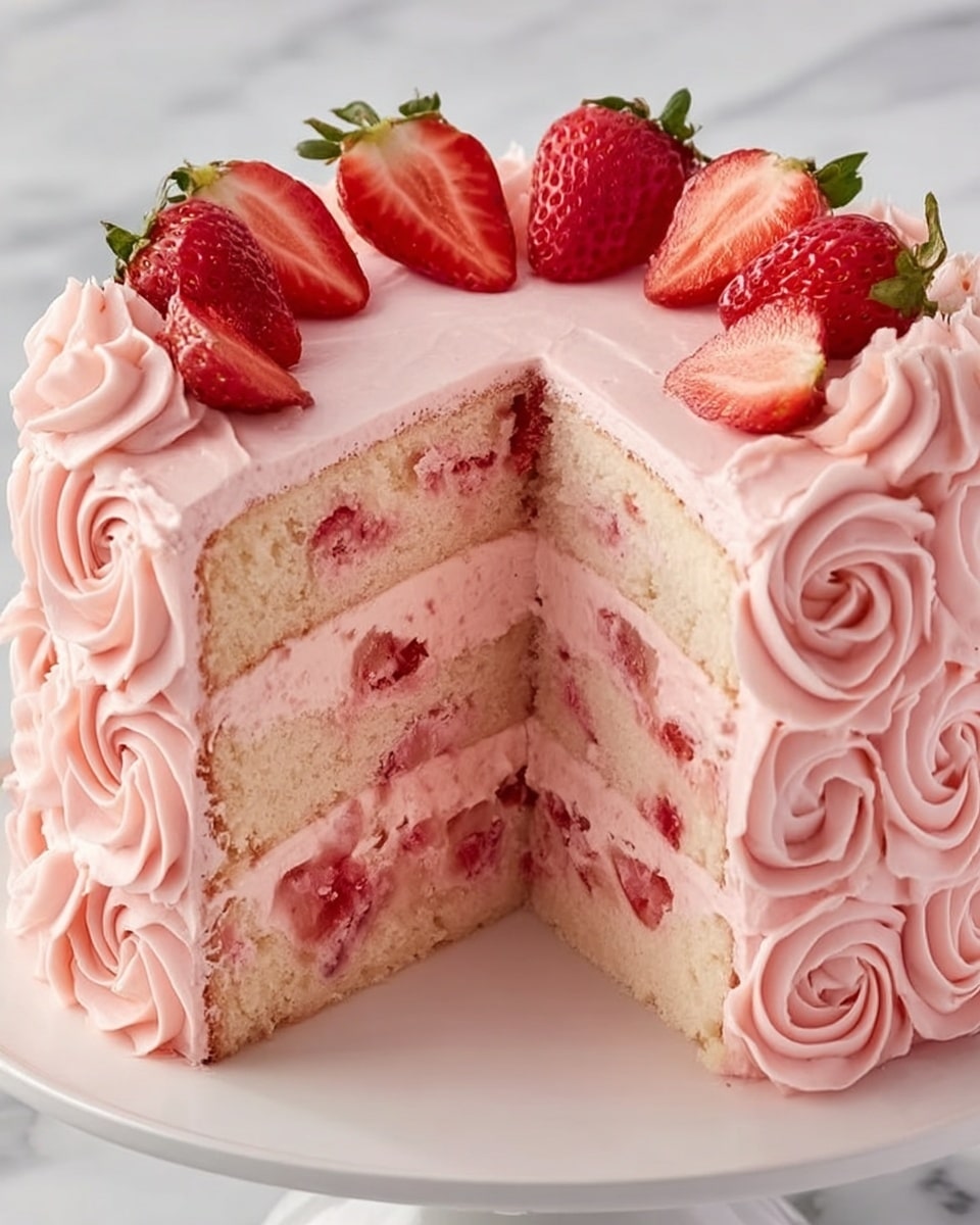 A tall, three-layer pink cake with soft, fluffy texture and small chunks of red strawberry inside each layer. Between each cake layer is a smooth, thick layer of light pink frosting, matching the frosting that covers the entire cake. The outside is decorated with large, swirled rosettes of pink frosting on the sides, giving a wavy, textured look. The top edge has dollops of pink frosting evenly placed around the cake, each topped with a whole, bright red strawberry and some halved strawberries in the center. The cake sits on a plain white plate, with a white marbled surface underneath. Photo taken with an iphone --ar 4:5 --v 7