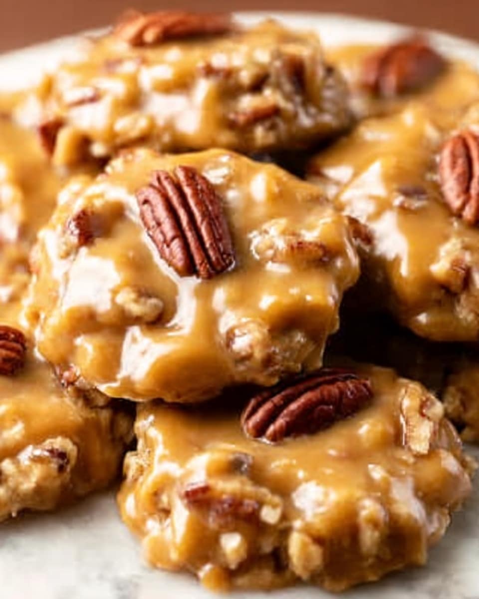 The image shows several small round cookies covered in a shiny, light caramel-colored glaze. Each cookie is topped with a whole pecan, and chopped pecans are mixed into the caramel glaze, giving the surface a bumpy texture. The colors are warm shades of caramel and golden brown, and the cookies are placed close together on a white marbled surface. photo taken with an iphone --ar 4:5 --v 7