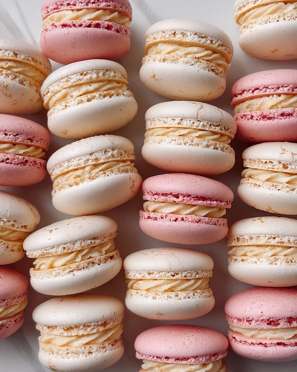 The image shows rows of macarons neatly arranged on a white marbled surface. The macarons come in two colors: soft cream and light pink. Each macaron has two smooth, round shells with a slightly cracked texture around the edges. The shells sandwich a creamy filling that matches the shells in color, with the cream ones having a pale yellow filling and the pink ones having a light beige filling. The arrangement alternates between rows of cream and pink macarons, creating a neat and uniform pattern. Photo taken with an iphone --ar 4:5 --v 7