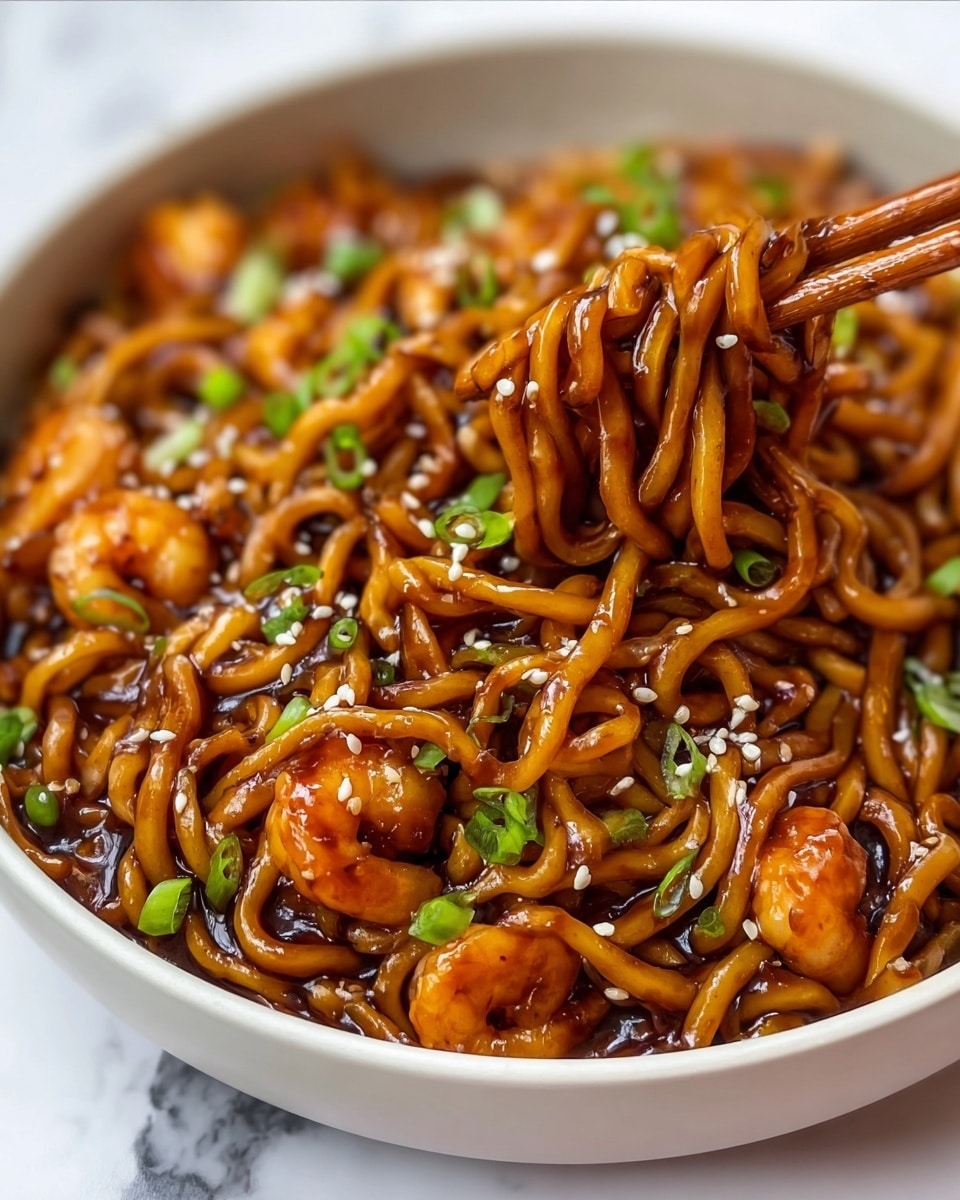 A white bowl filled with glossy, dark brown noodles mixed with small round pieces of shiny cooked chicken scattered evenly throughout. The noodles have a slightly twisted texture and are coated in a thick sauce. Bright green chopped scallions are sprinkled on top, adding a fresh contrast. A pair of wooden chopsticks is lifting a generous portion of noodles from the right side of the bowl. The bowl is placed on a white marbled surface. photo taken with an iphone --ar 4:5 --v 7