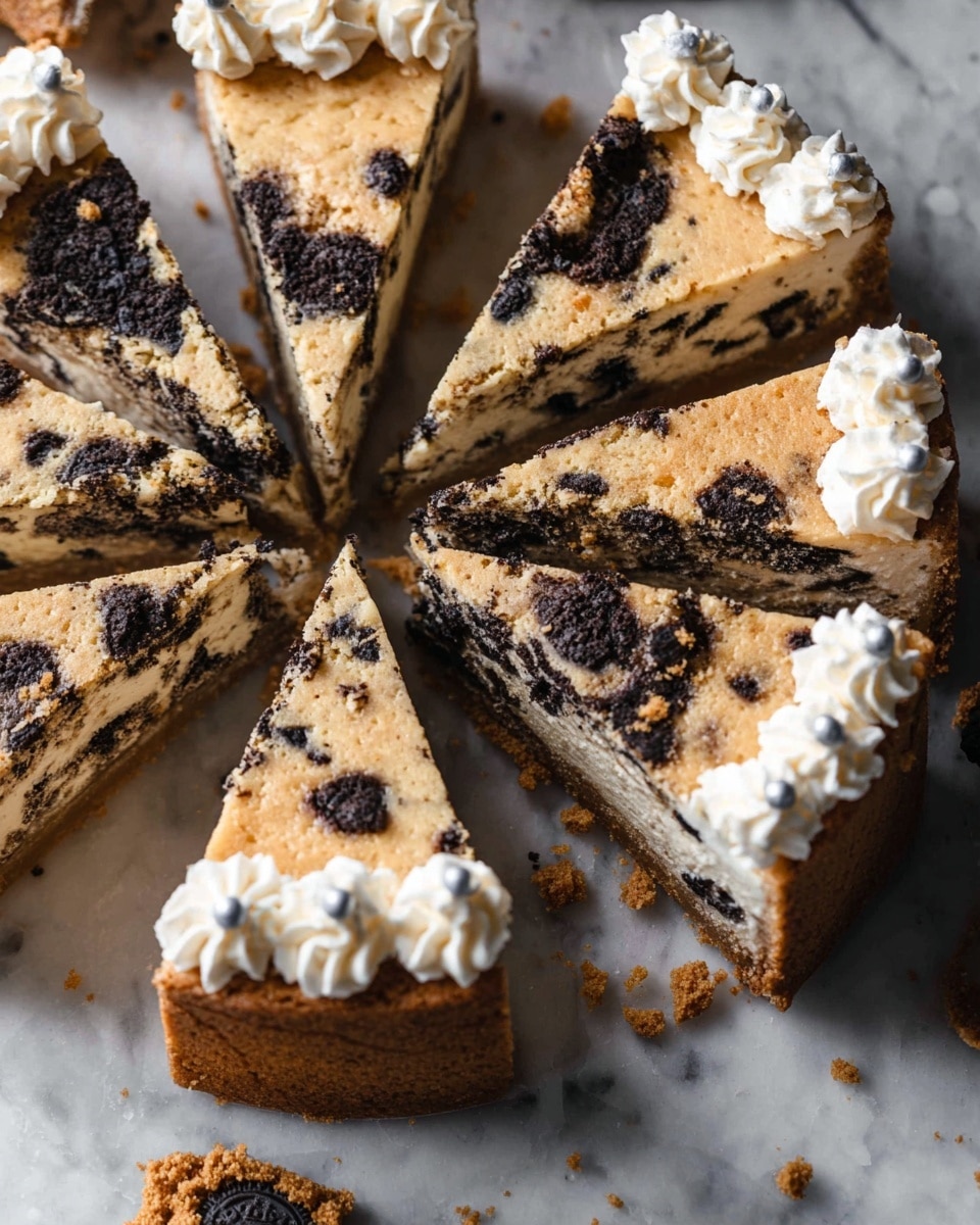 The image shows a round cookies and cream cake cut into several triangular slices placed on a white marbled surface. Each slice has a soft golden brown base mixed with dark cookie chunks spread throughout. The pie crust is a light brown color and looks crisp. Some slices are decorated with white swirls of cream topped by small white pearls on the edges. One slice is slightly pulled away, revealing a moist and textured inside with visible cookie pieces. There are cookie crumbs scattered near the slices. The photo taken with an iphone --ar 4:5 --v 7