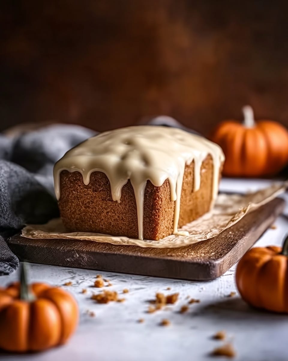 The image shows a single-layer loaf cake placed on a wooden board lined with parchment paper, sitting against a white marbled textured surface. The cake is a warm brown color with a smooth texture, topped with a thick layer of creamy beige icing that drips down the sides unevenly. Scattered crumbs surround the cake on the board and marbled surface. Two small orange pumpkins are positioned in the foreground and background, creating a cozy, autumn feel. The background is softly blurred with warm, dark tones that make the cake the clear focus. Photo taken with an iphone --ar 4:5 --v 7