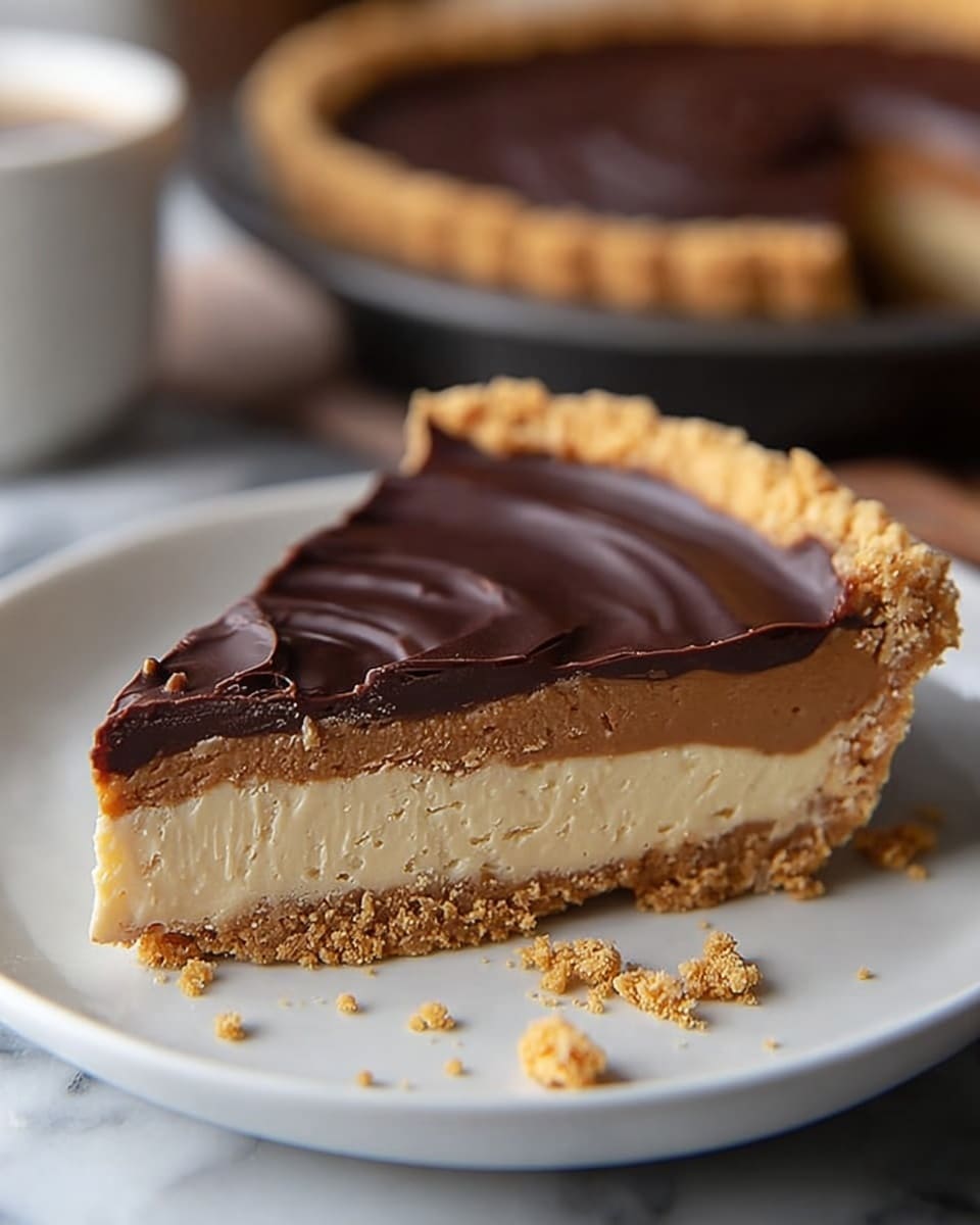 A slice of pie on a white plate with three clear layers: the bottom layer is thick, crumbly, and light brown, the middle layer is smooth with a pale creamy color, and the top layer is glossy dark chocolate with a few soft ripples. The pie’s crust is thick and golden brown, forming a tall edge all around. There are some small golden crumbs scattered on the plate. In the blurred background, the rest of the pie sits in a dark pan, and a white cup is visible on a white marbled surface. photo taken with an iphone --ar 4:5 --v 7