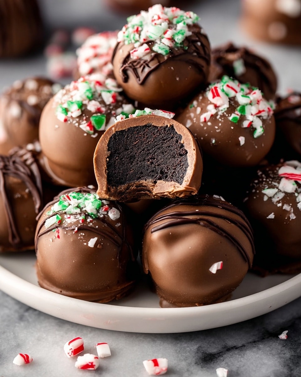 The image shows round chocolate truffles arranged on a white plate over a white marbled surface. Each truffle has two layers: a dark, rich chocolate fudge center with a smooth, light brown milk chocolate coating on the outside. Some truffles are decorated with crushed red, white, and green peppermint candy pieces on top, while others have delicate drizzles of milk chocolate. One truffle near the center has a bite taken out, revealing the dark, dense inside contrasted against the glossy outer layer. Small peppermint candy bits are scattered loosely around the plate. Photo taken with an iphone --ar 4:5 --v 7
