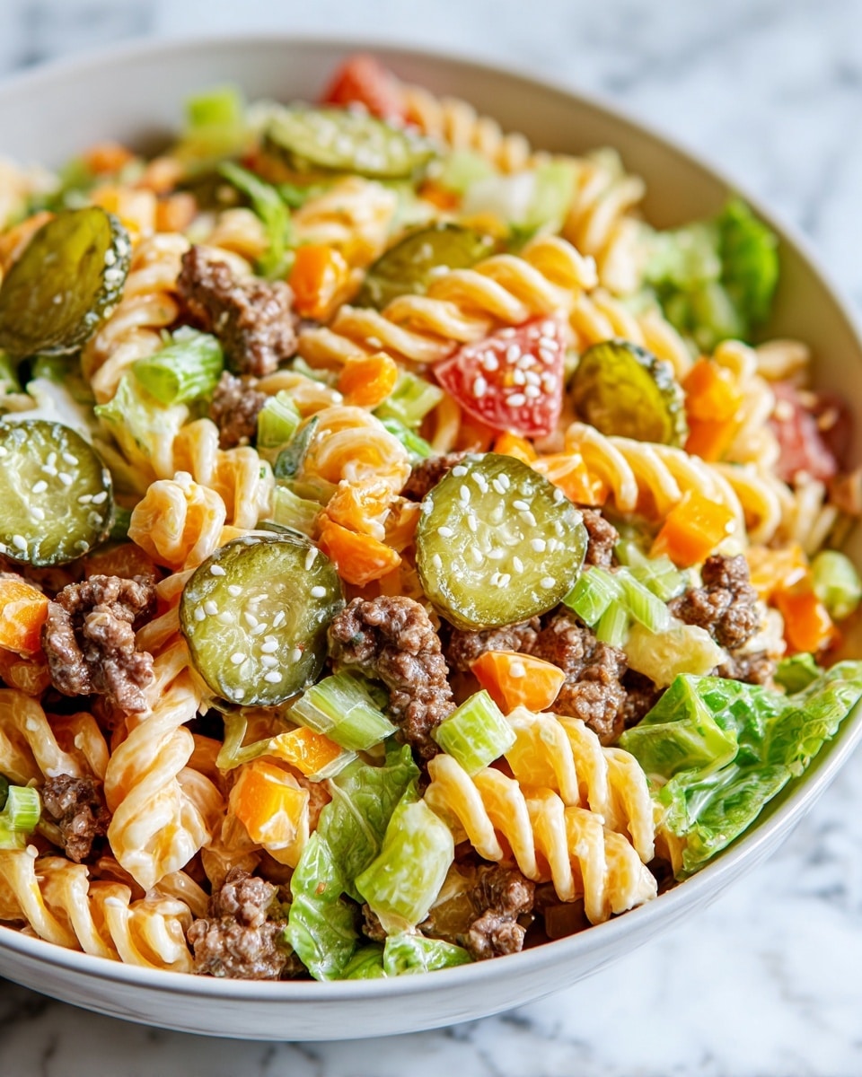 The image shows a close-up of a pasta salad in a white bowl set on a white marbled surface. The salad has three main layers: twisted rotini pasta in pale yellow, small chunks of ground beef in brown, and a mix of chopped vegetables including orange bell pepper pieces, green celery slices, diced red tomato, and green lettuce leaves. Pickle slices topped with white sesame seeds are scattered on the top layer, adding a deep green color and texture contrast. The entire salad is coated lightly in a creamy dressing that gives a slight shine to the ingredients. Photo taken with an iphone --ar 4:5 --v 7